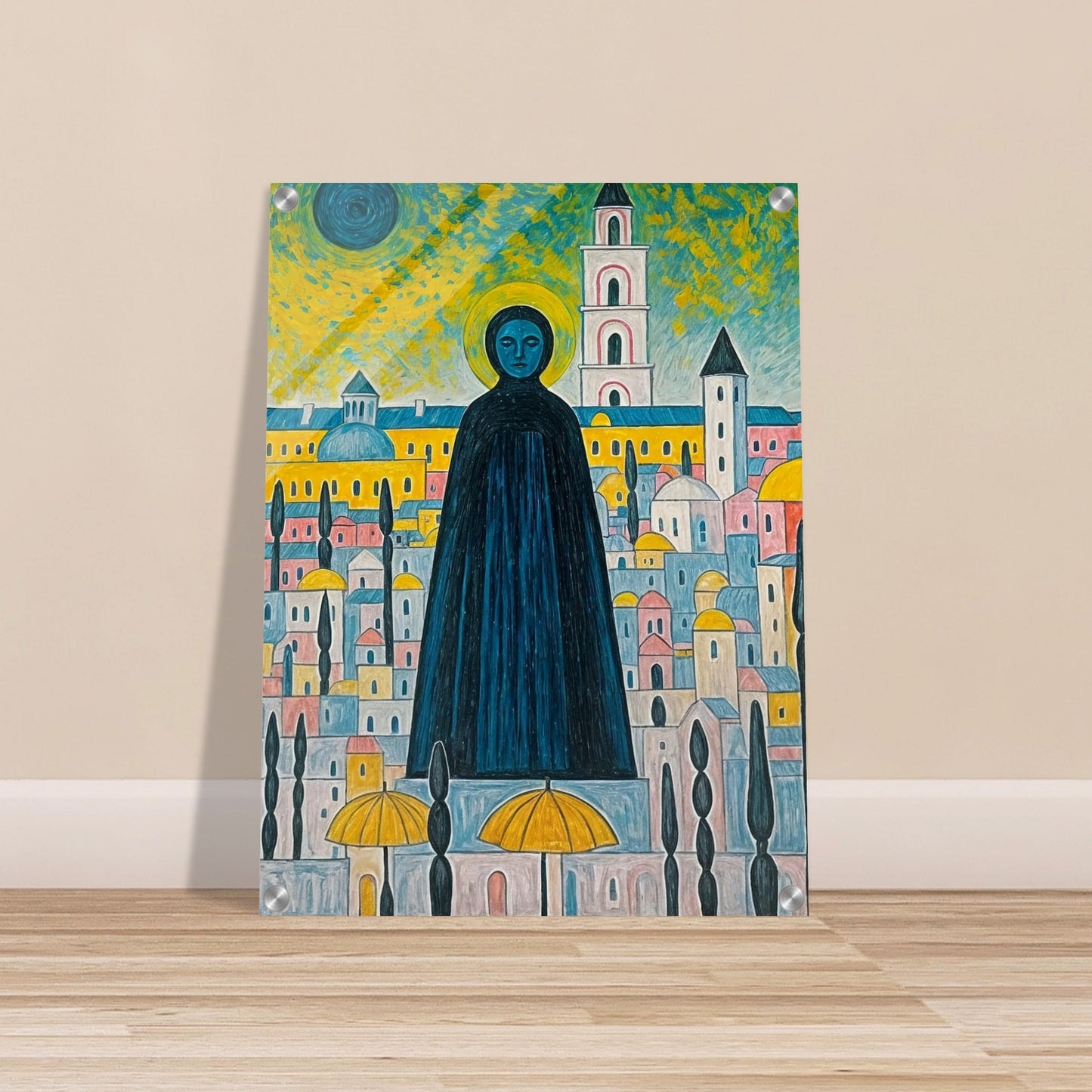 A vibrant painting featuring a towering, cloaked figure with a halo standing amidst a colorful, stylized cityscape under a surreal sky.
