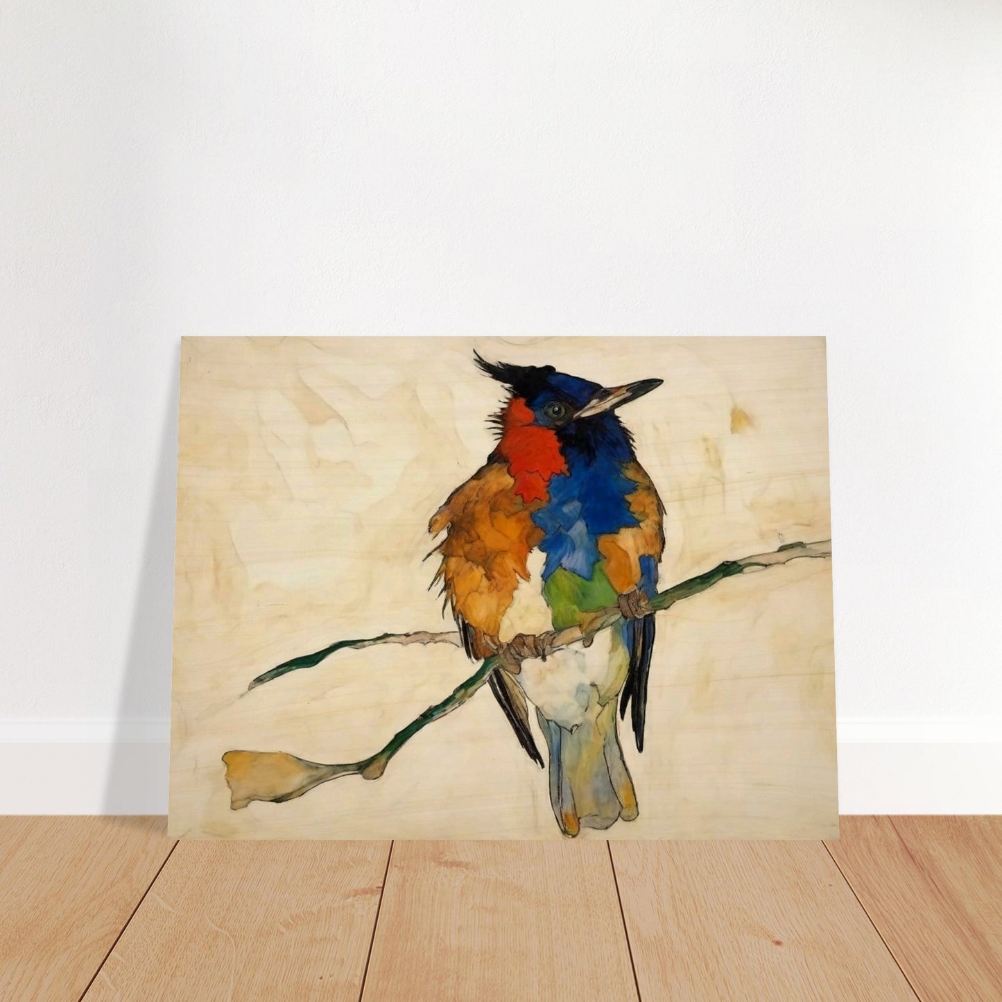 "A vivid painting of a multi-colored bird perched on a branch, with bold patches of red, blue, orange, and green feathers against a light background."
