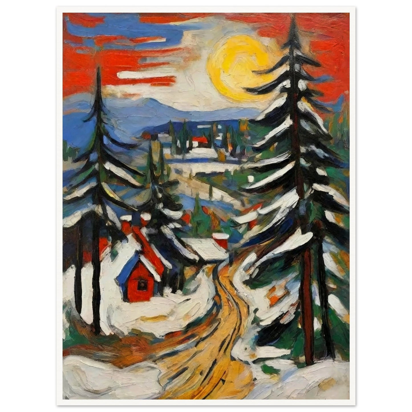 "A vibrant painting of a snow-covered village under a bright yellow sun, with tall pine trees and a winding golden path leading through the scene."