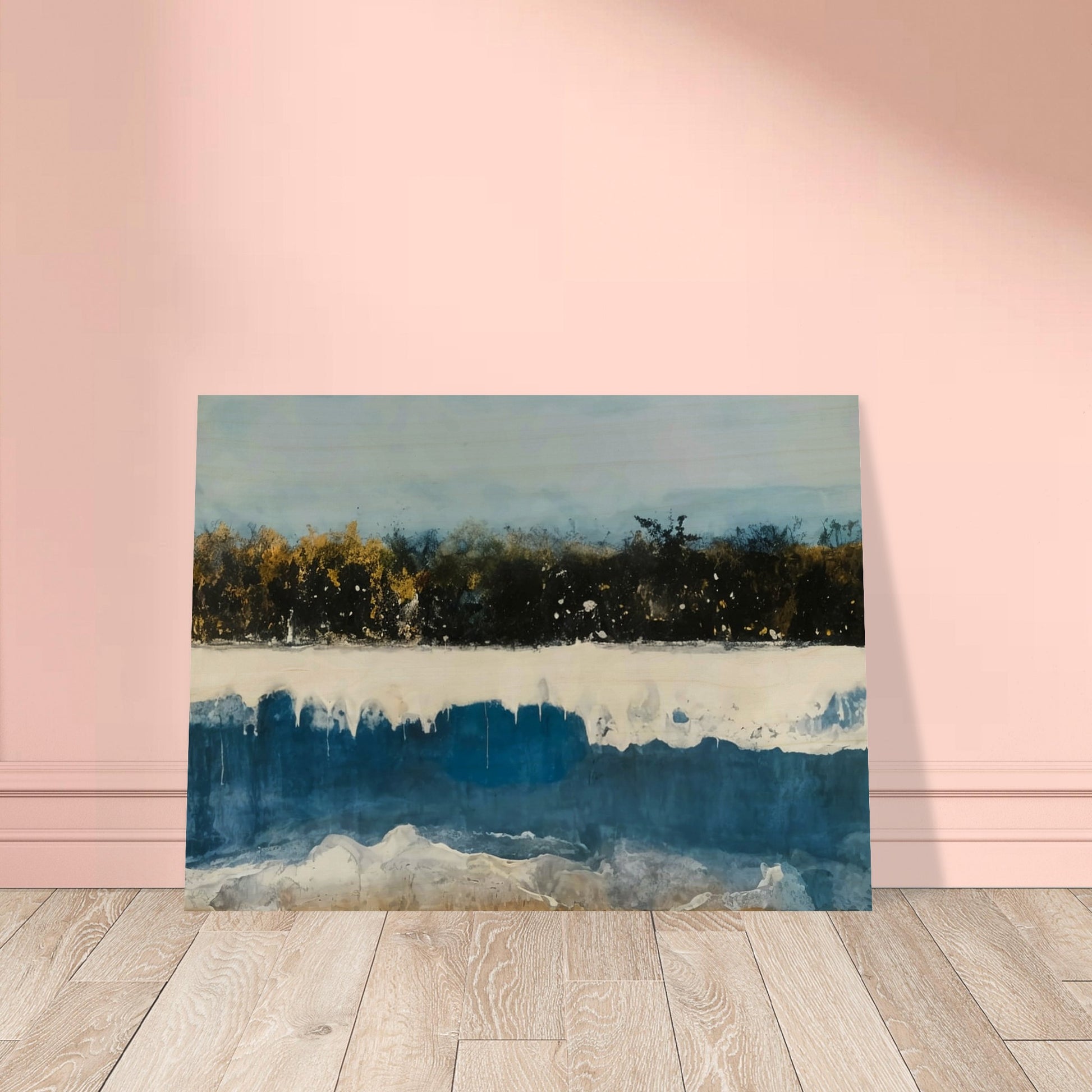 A shoreline with rich blue tones and golden trees under a soft sky, blending natural elements in a peaceful and dreamlike setting