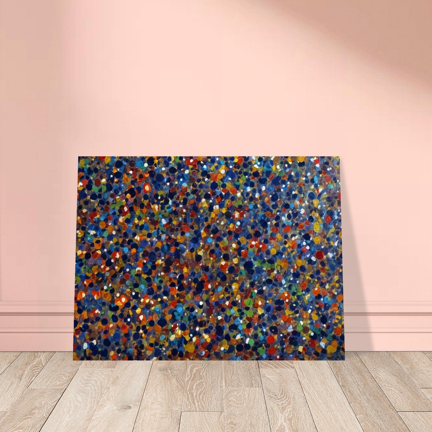 A dynamic display of colorful dots in various shades of blue, orange, green, and red, creating a vibrant and energetic pattern reminiscent of a starry sky or confetti.