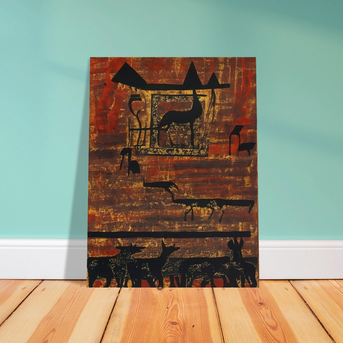 A rustic painting of silhouetted animals and geometric shapes on an earthy, textured background with rich red and brown hues.