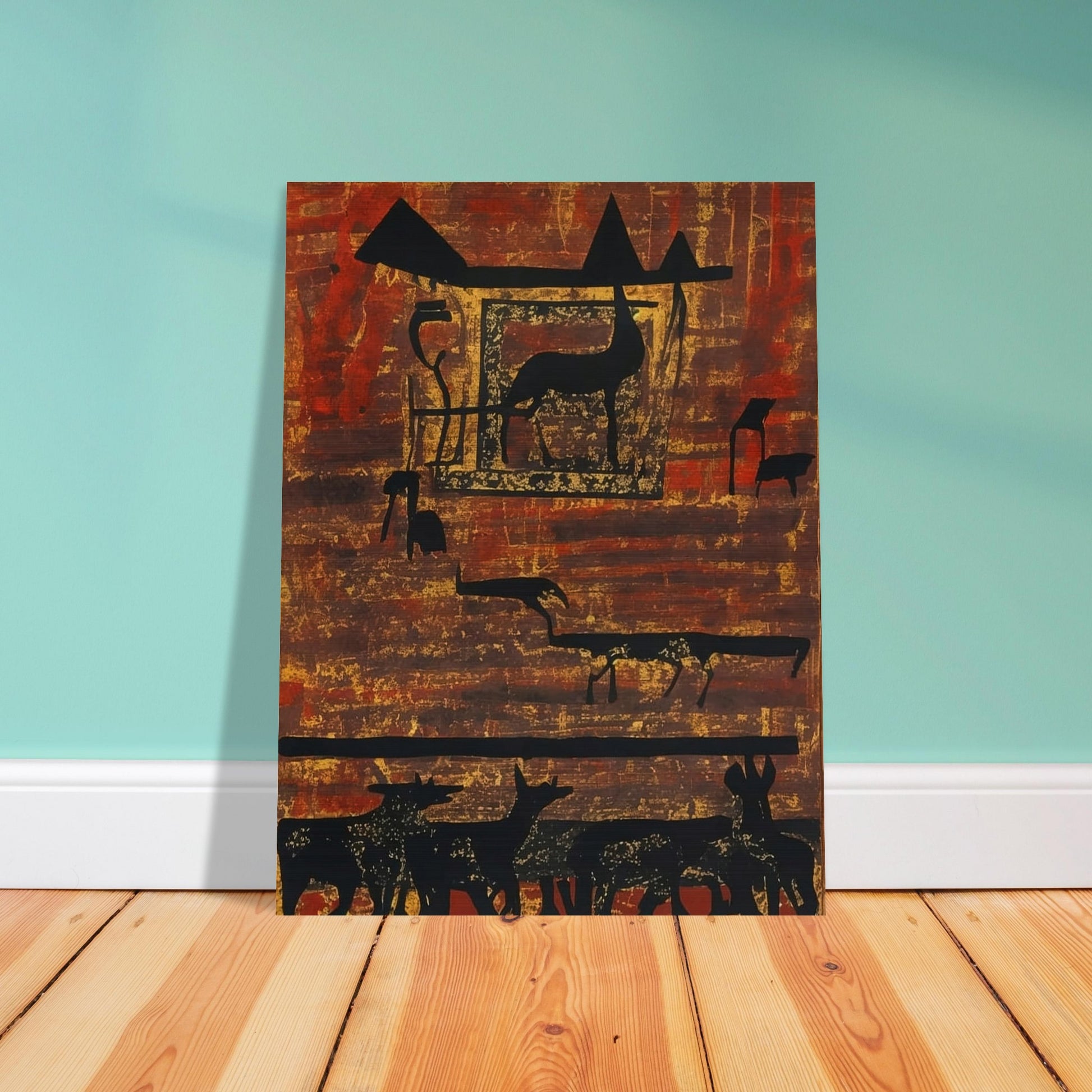 A rustic painting of silhouetted animals and geometric shapes on an earthy, textured background with rich red and brown hues.