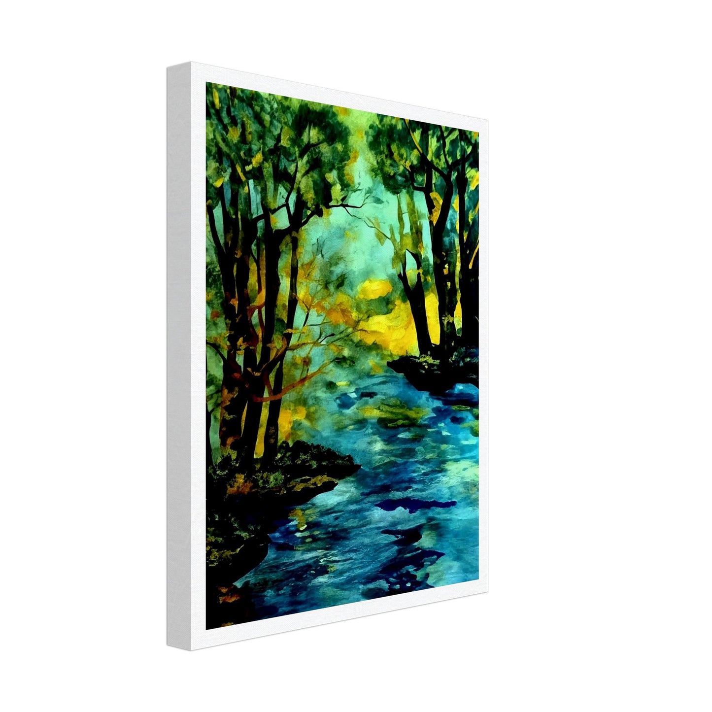 A vibrant landscape painting of a river flowing through a forest, with trees reflecting in the water and a warm glow of sunlight in the background, evoking tranquility and nature's beauty.