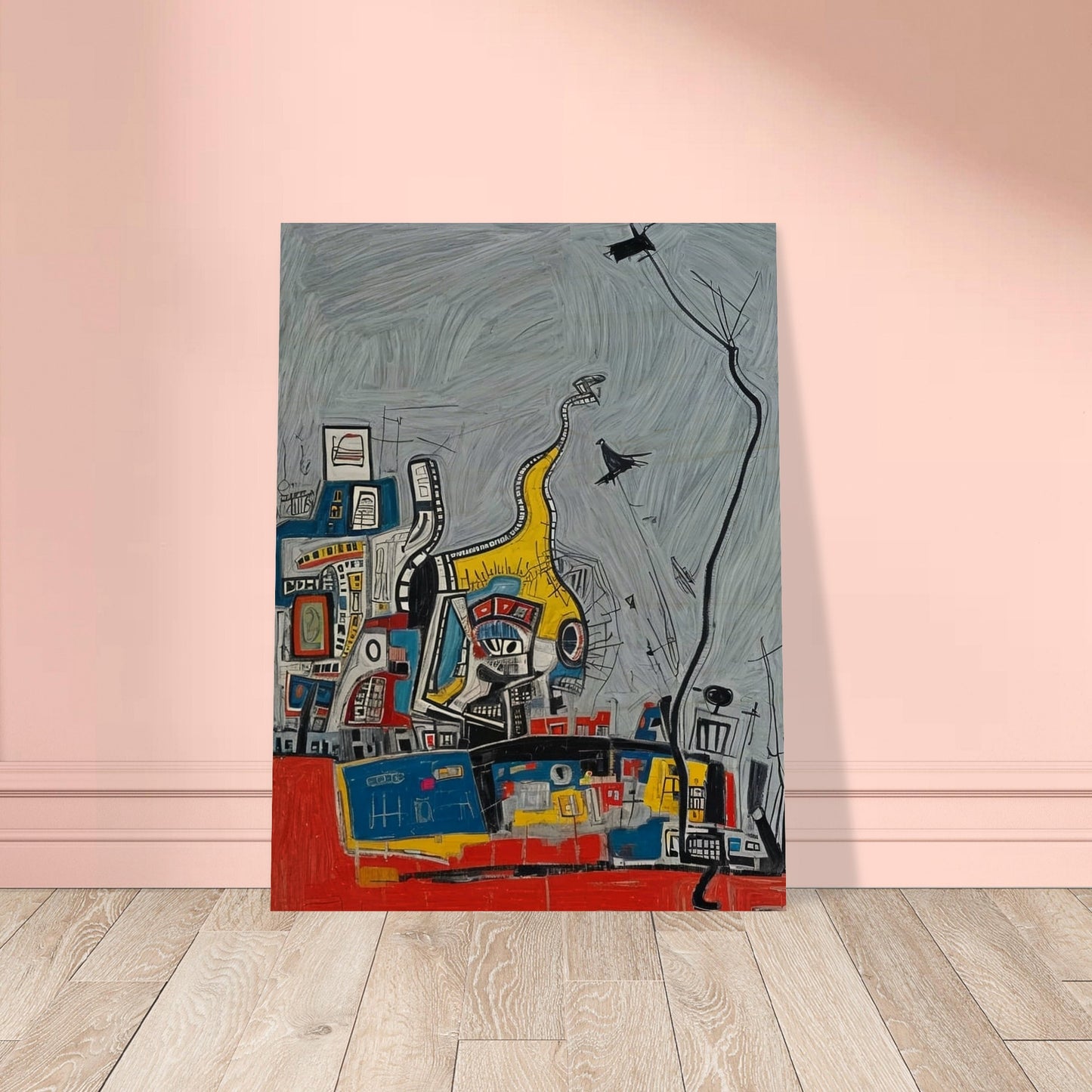 An abstract painting featuring a chaotic yet vibrant urban scene with geometric shapes and bold colors against a gray background.