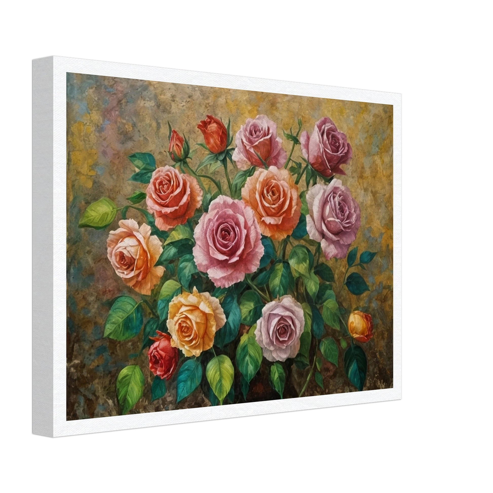 A captivating arrangement of multicolored roses, their petals beautifully layered and surrounded by fresh green foliage.