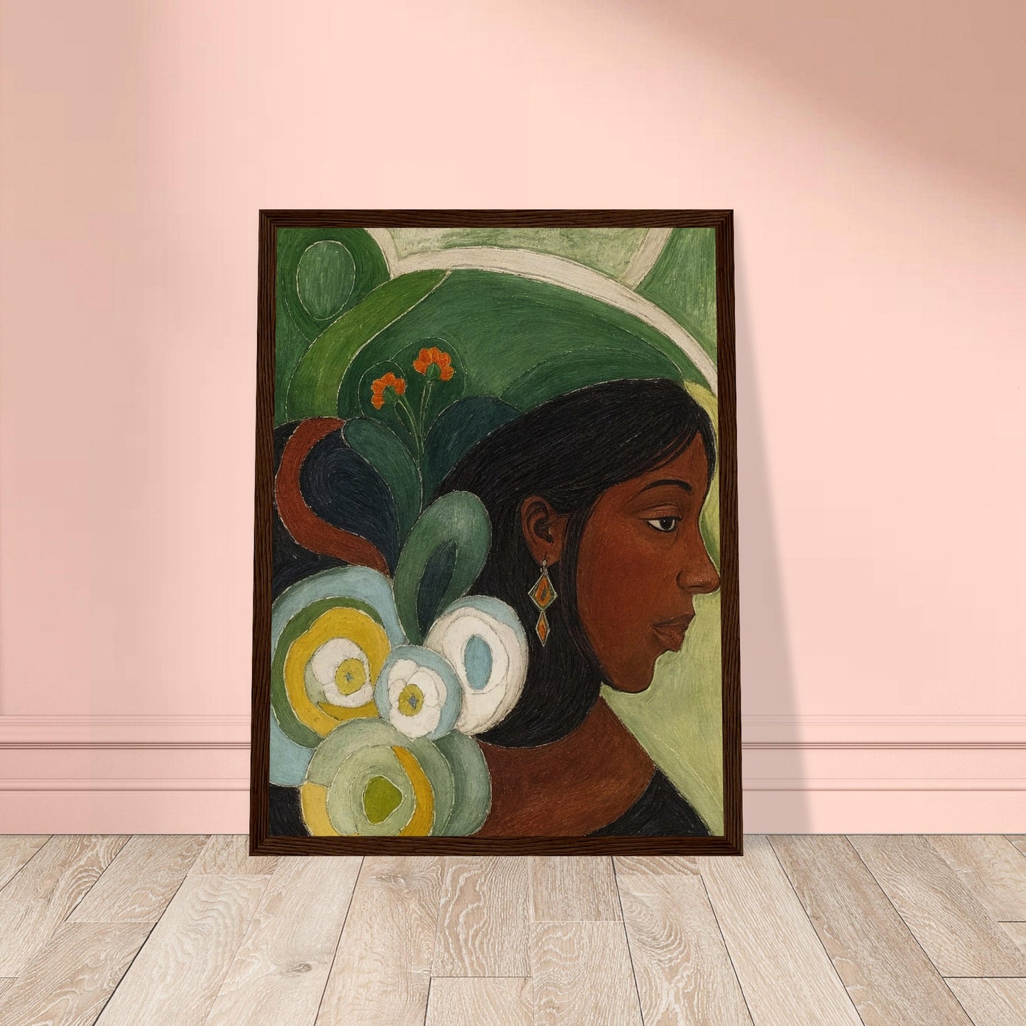 A contemplative portrait of a woman in profile, adorned with vibrant green and floral elements in the background.