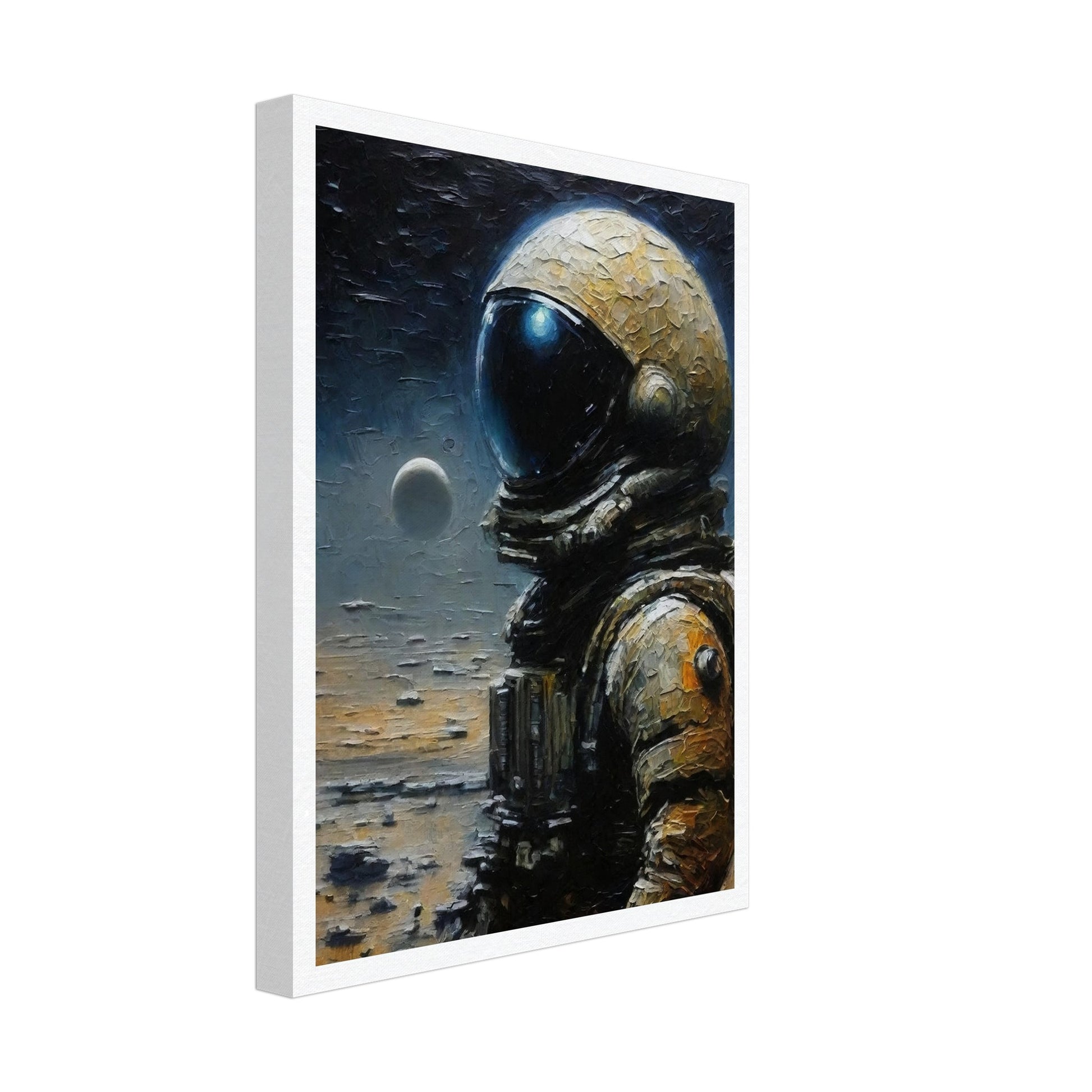 A detailed painting of an astronaut in a spacesuit standing on a lunar surface with a distant planet in the background.