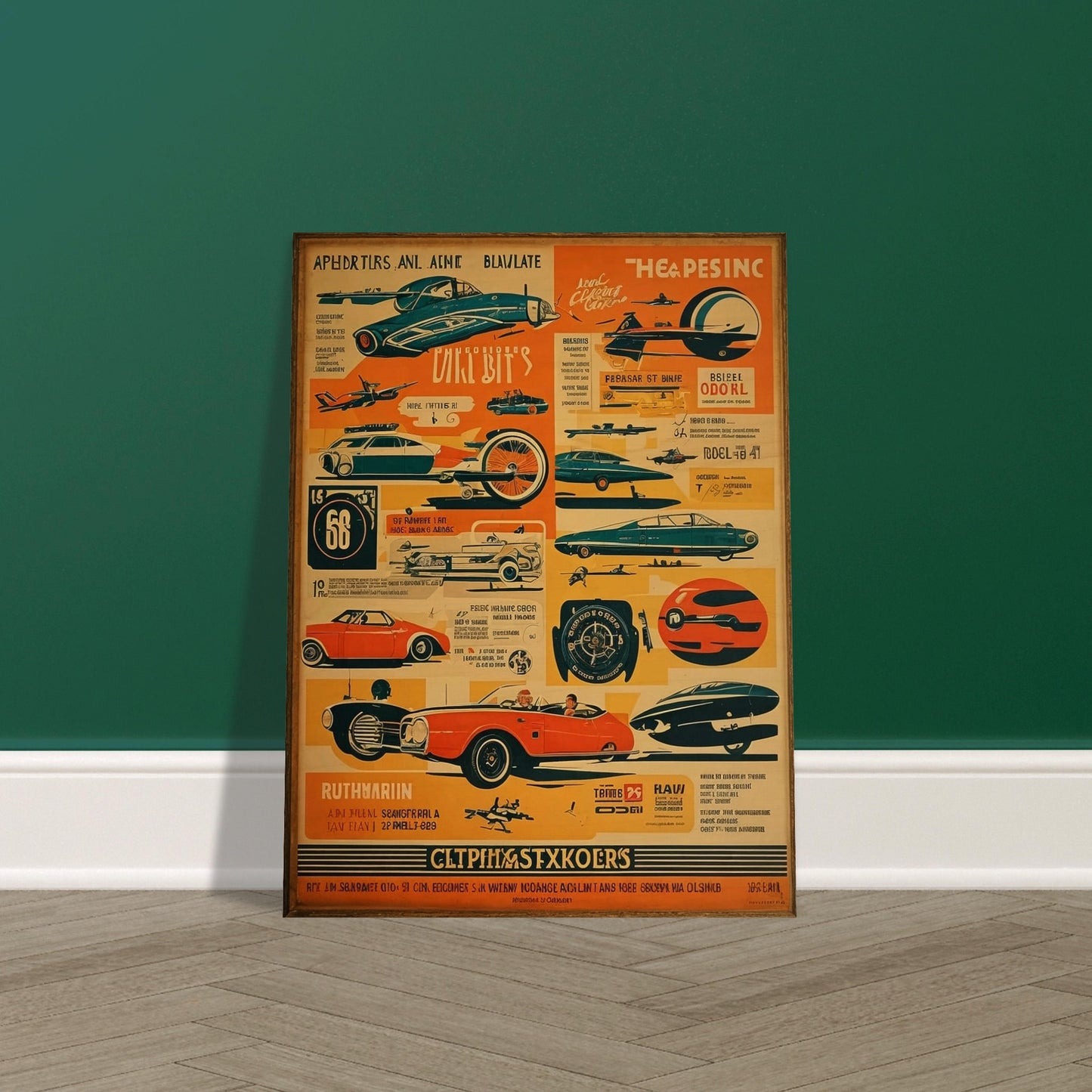 A retro sci-fi themed poster filled with futuristic vehicles, planes, and spaceships in bold colors, presenting a glimpse into a future imagined in the past.