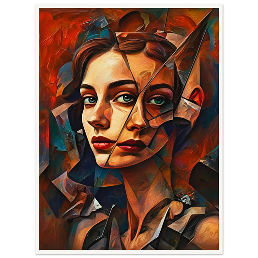 A striking portrait of a woman’s face fractured into sharp geometric shards, reflecting deep emotions with piercing green eyes.