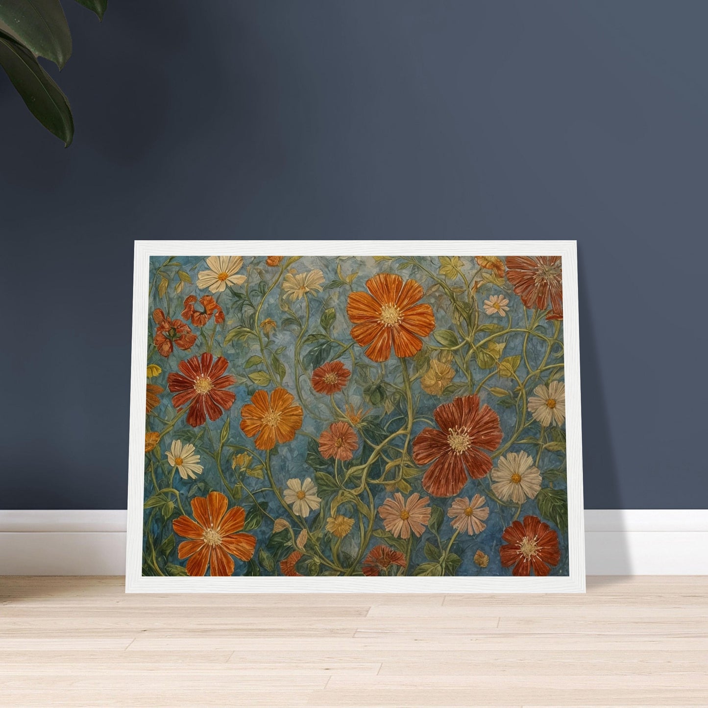 A detailed painting of various orange and white flowers with lush green stems against a blue background.
