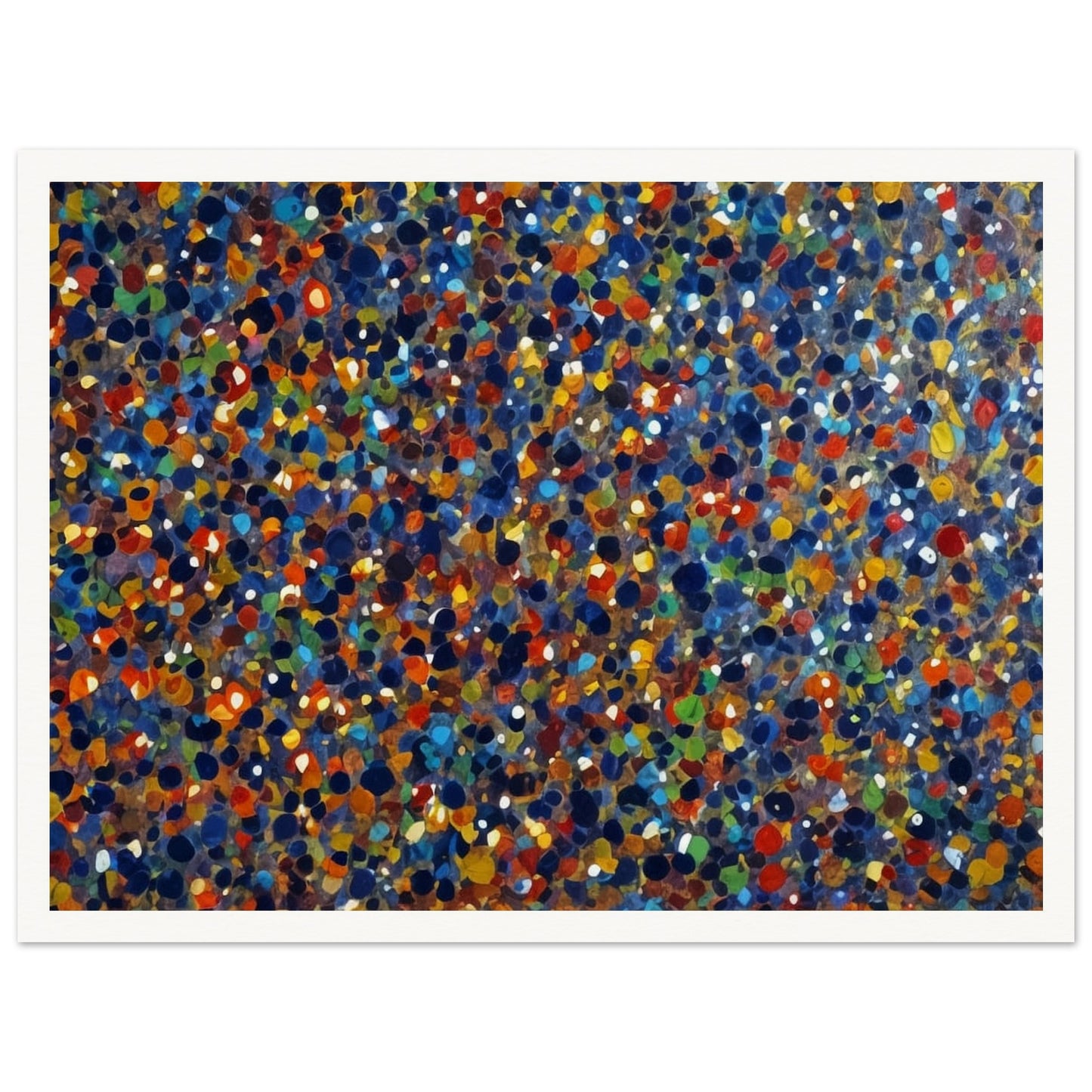 A dynamic display of colorful dots in various shades of blue, orange, green, and red, creating a vibrant and energetic pattern reminiscent of a starry sky or confetti.
