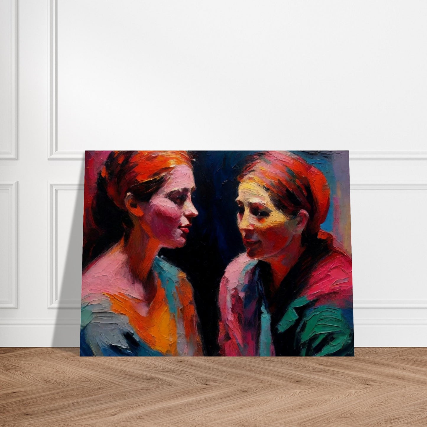 An expressive painting of two women engaged in a deep conversation, using bold and vibrant colors.