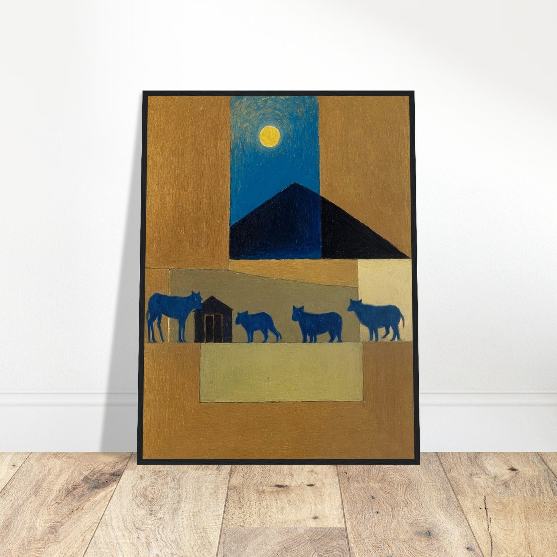 A peaceful night scene with blue cattle walking under the moon, against a backdrop of warm earthy tones and a dark triangular roof.
