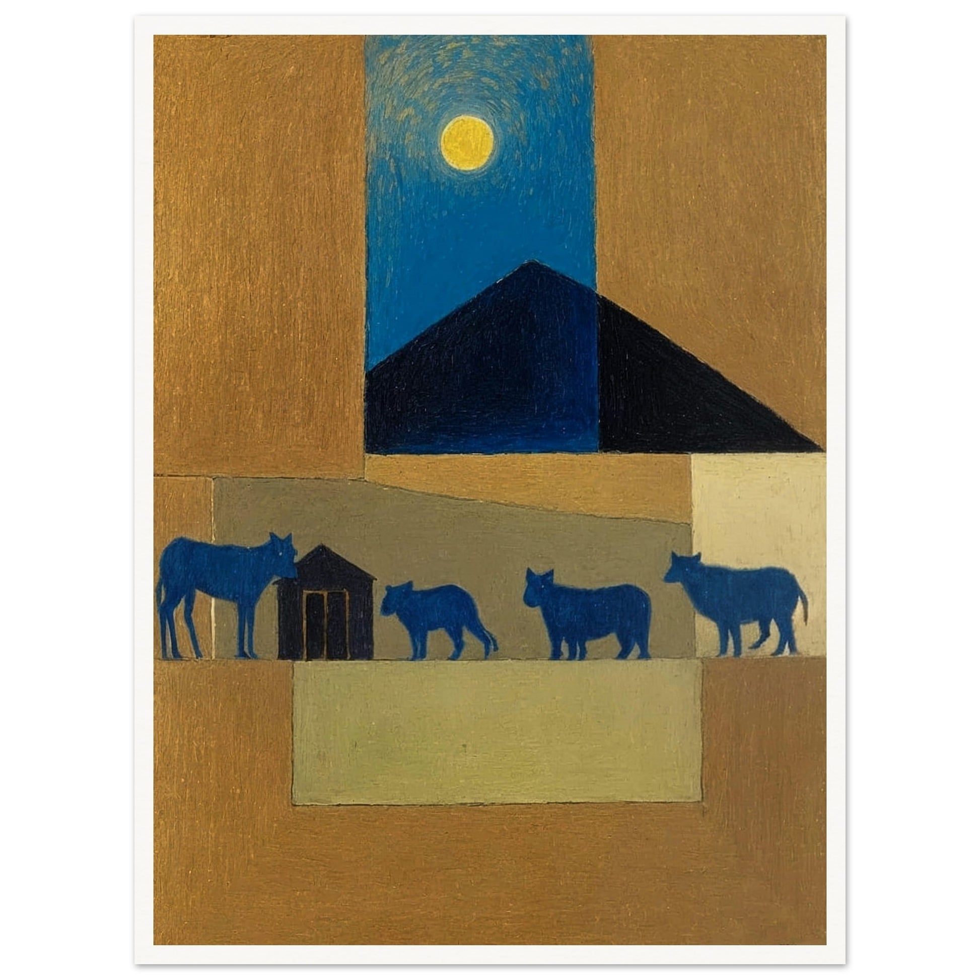 A peaceful night scene with blue cattle walking under the moon, against a backdrop of warm earthy tones and a dark triangular roof.