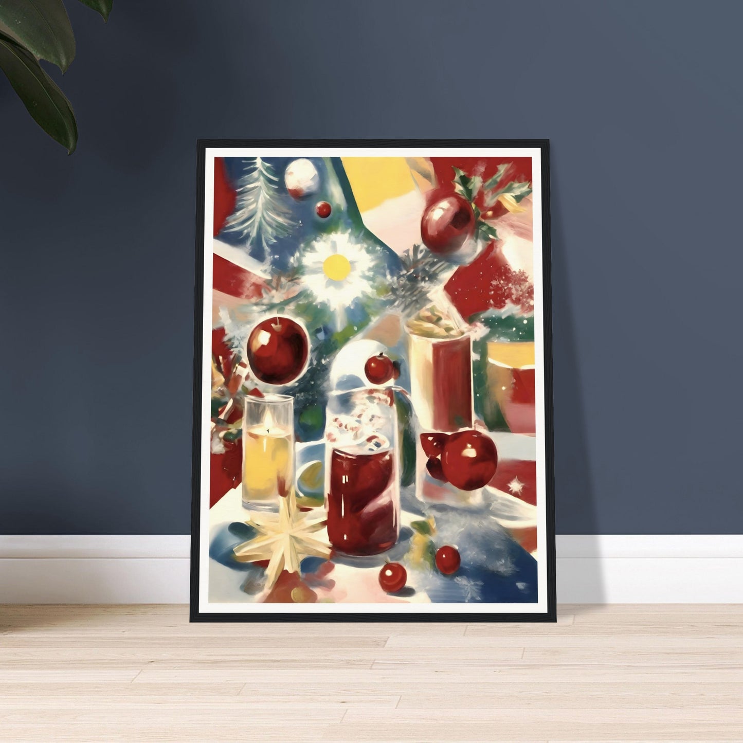 A festive still life featuring glasses of holiday drinks, vibrant red ornaments, holly leaves, and glowing candles on a colorful background.