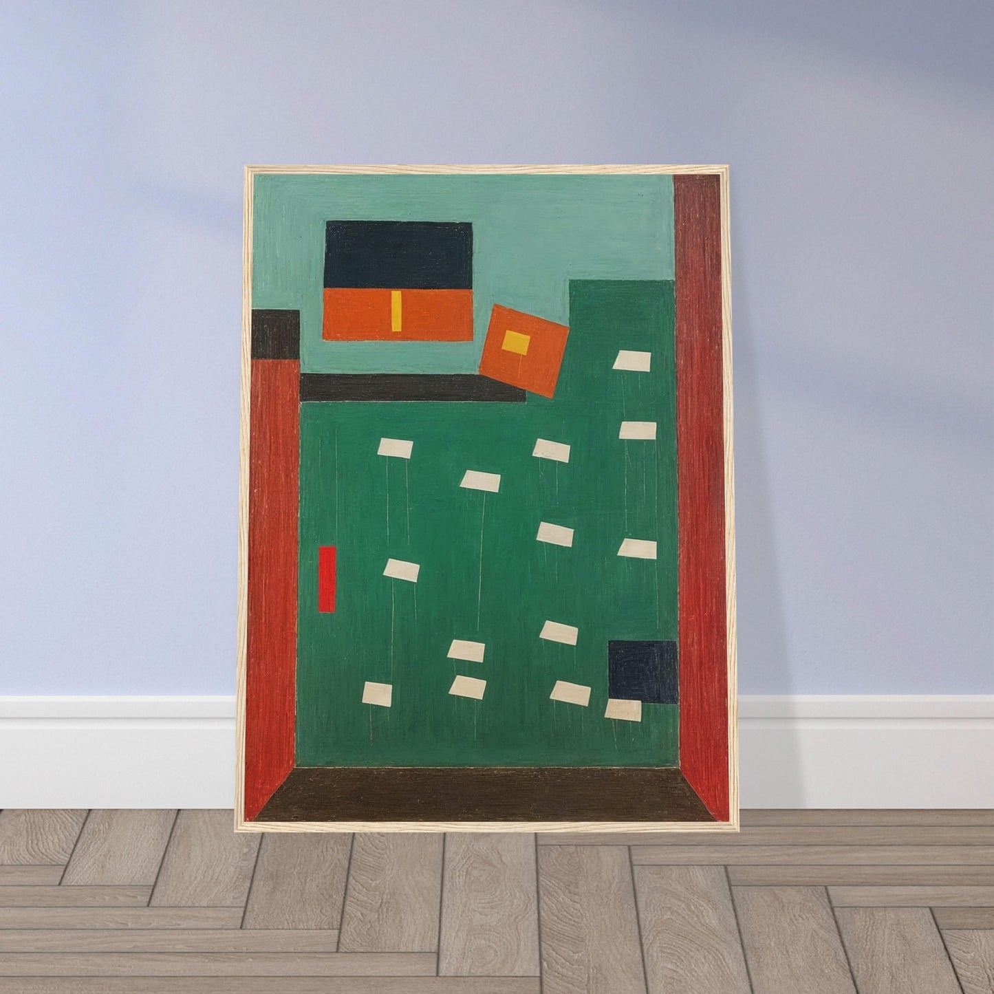 A geometric composition featuring bold blocks of color with shapes suspended in a grid-like pattern, creating a sense of structured order.