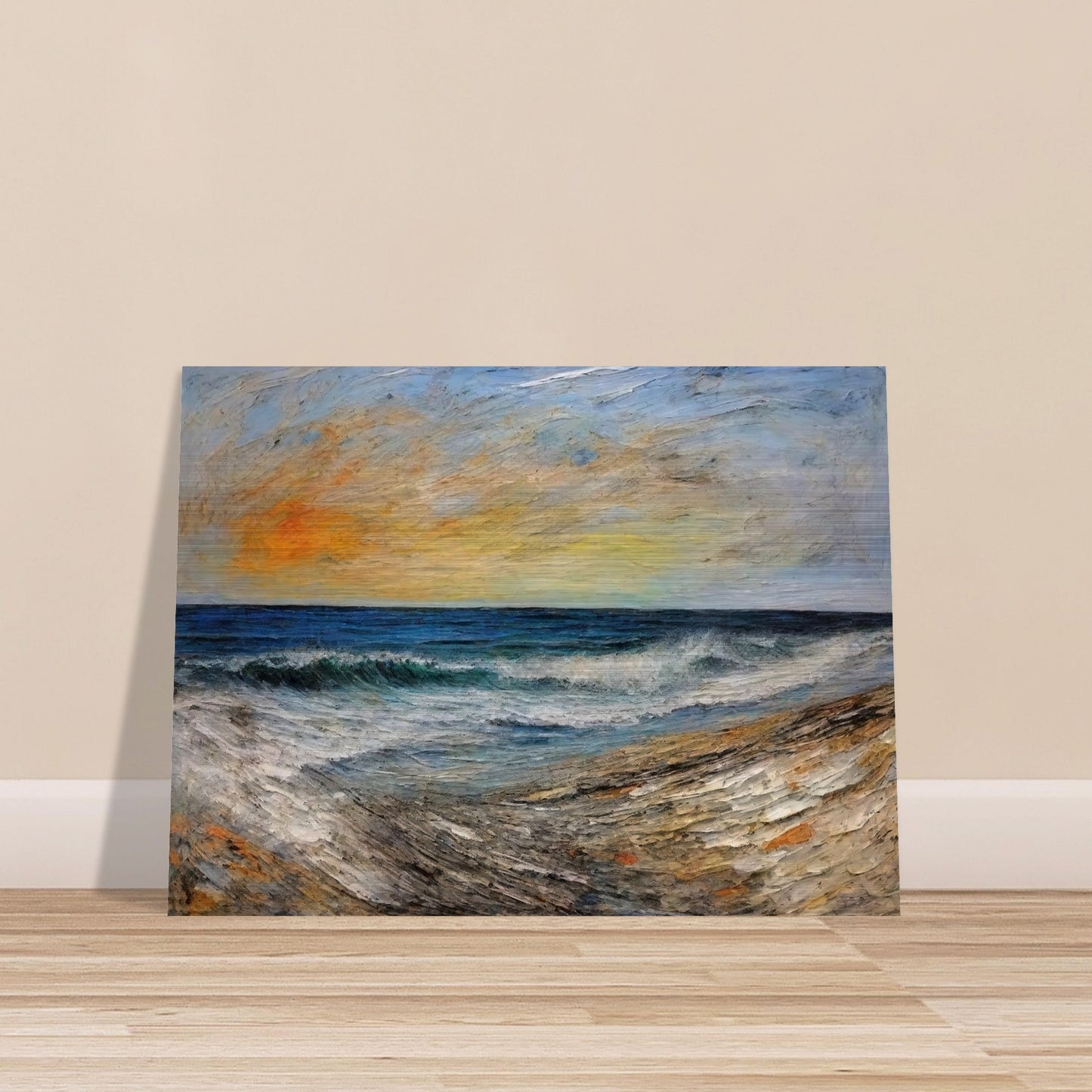 A painting of a serene shoreline at sunset with gentle waves, vibrant orange and yellow sky, and textured sand.
