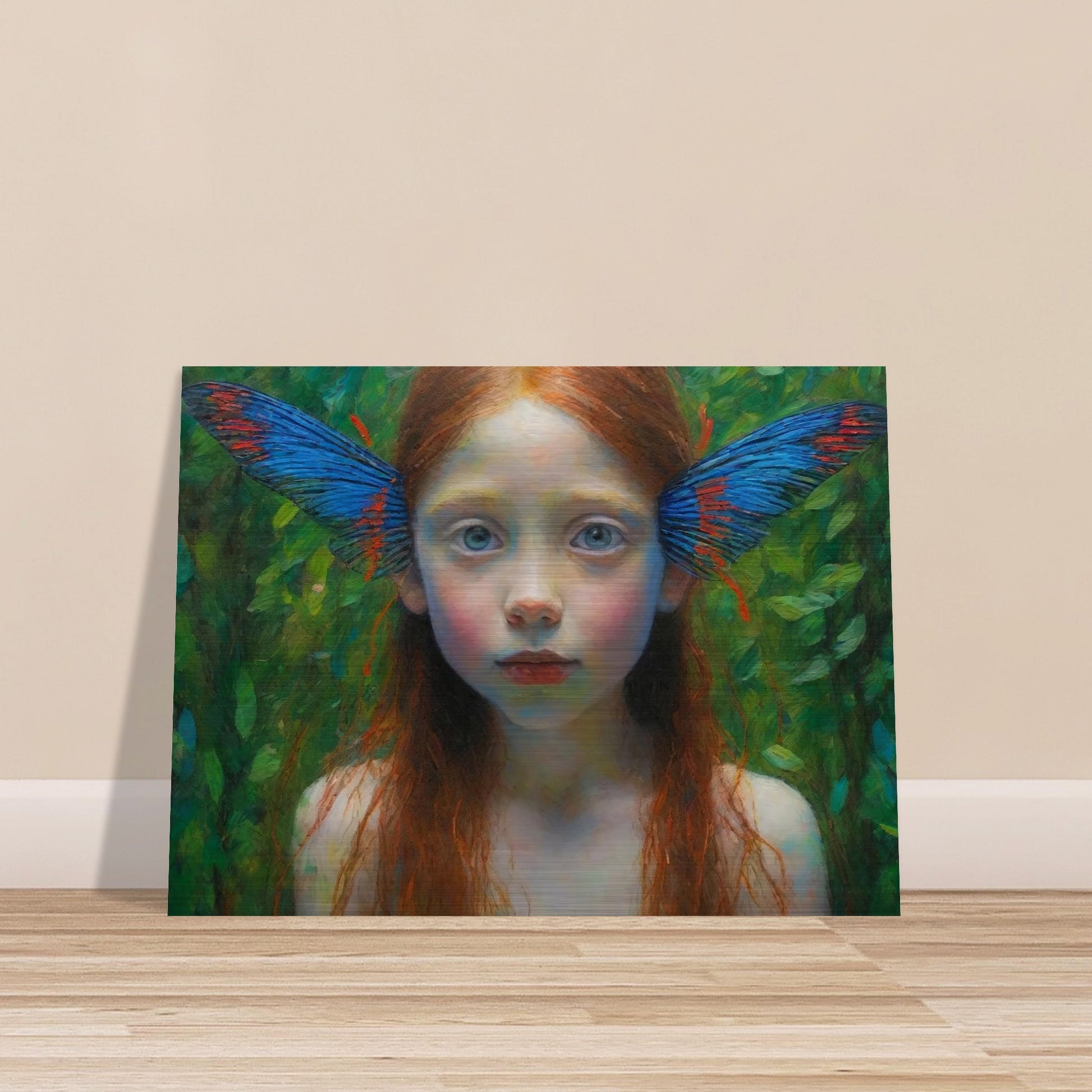 A realistic painting of a young girl with long red hair and vibrant butterfly wings emerging from her ears. She stands against a lush green background, looking directly at the viewer.