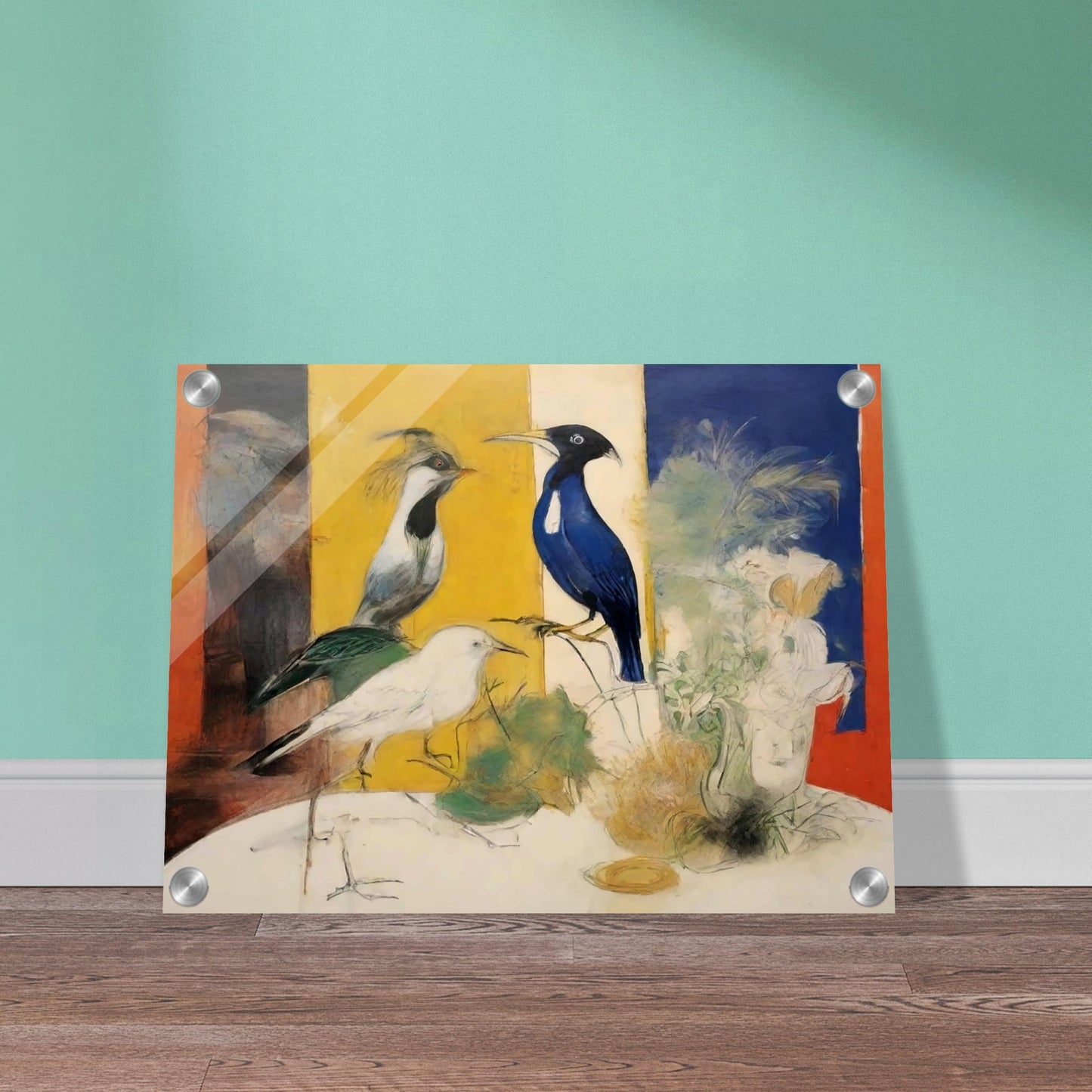 "A striking composition featuring three birds in front of bold color panels, with delicate sketches of plants and flowers surrounding them."