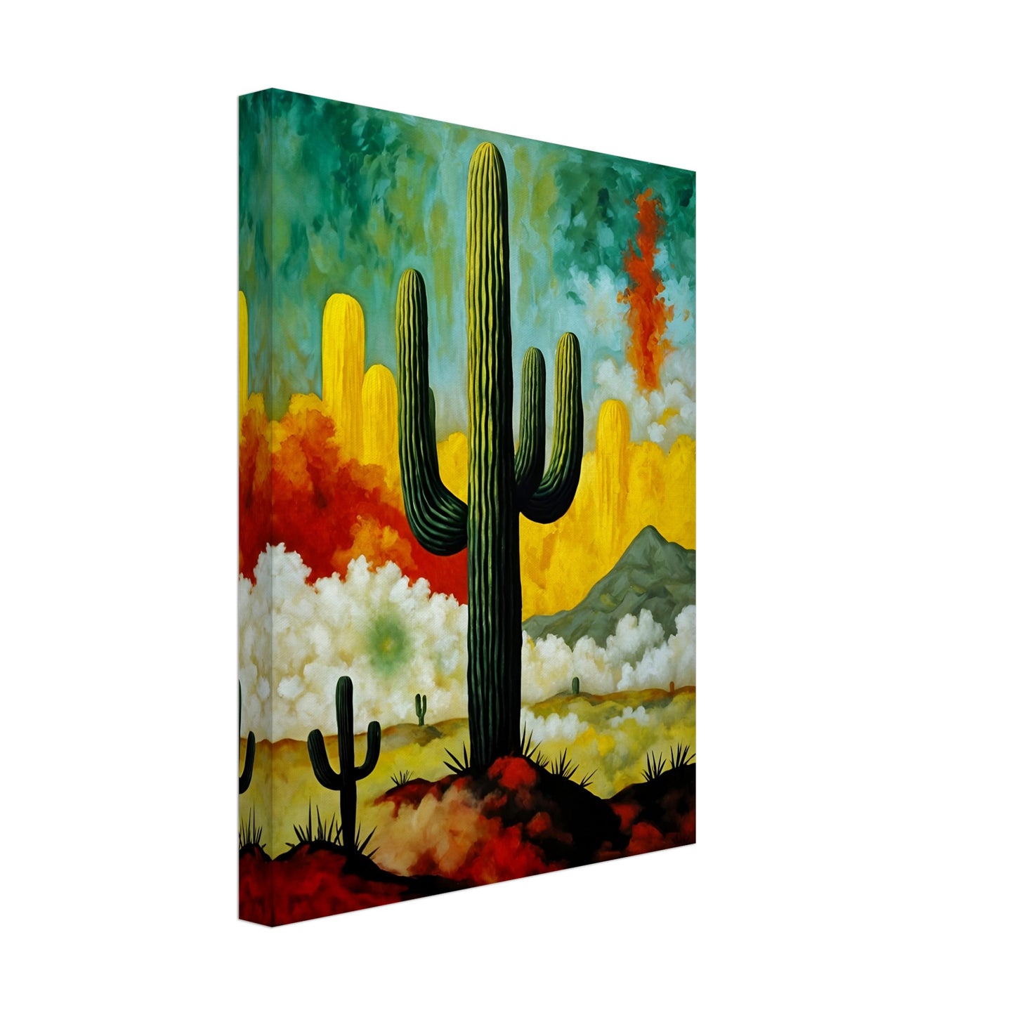 A striking painting of towering cacti set against a vivid desert sky, with swirling clouds, golden hues, and a distant mountain.