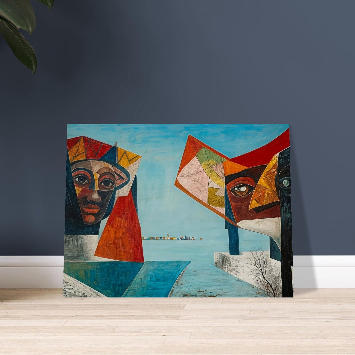 A surreal painting featuring two large, colorful, and abstract guardian faces, positioned on either side of a serene blue seascape, with a distant horizon marked by a row of vibrant structures.