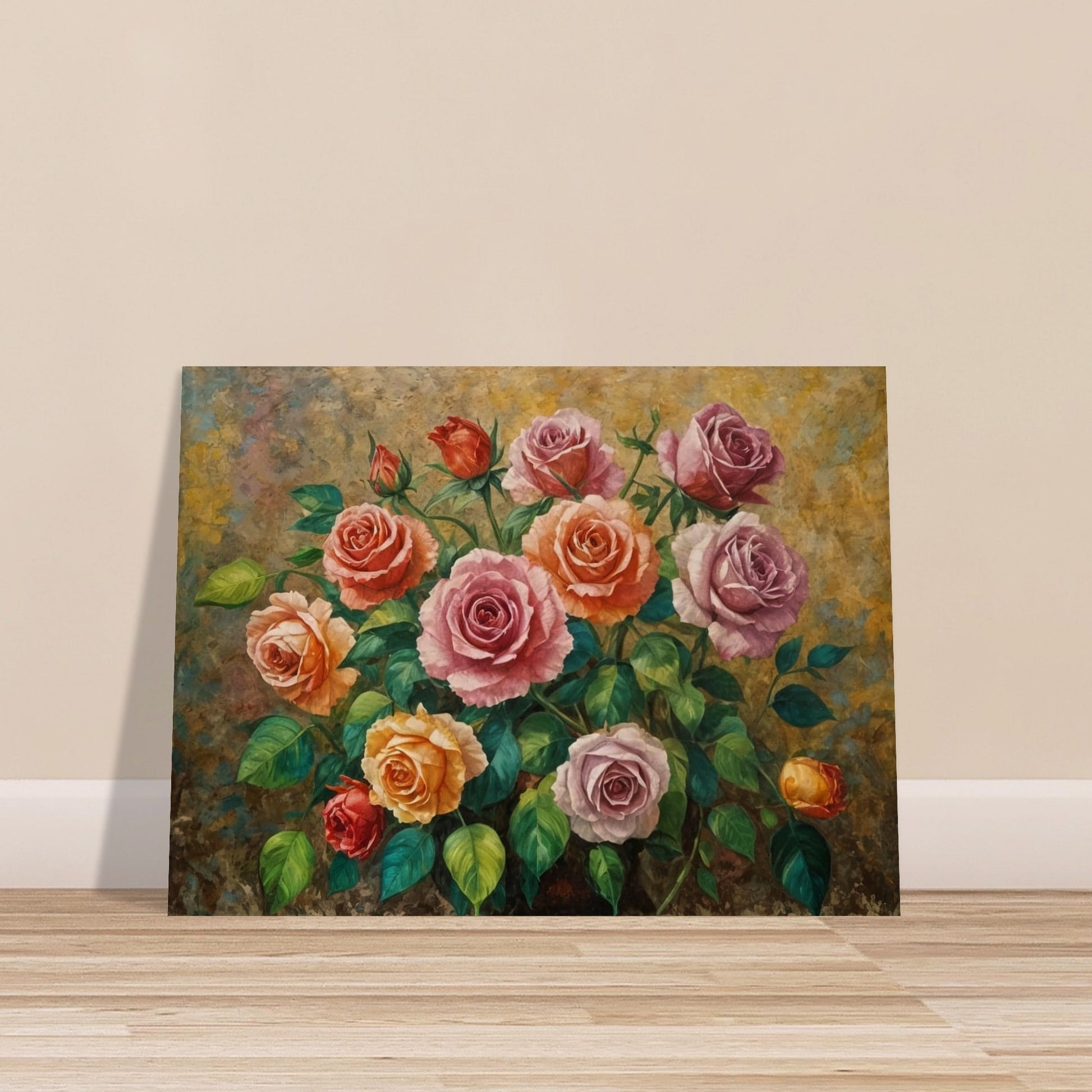 A captivating arrangement of multicolored roses, their petals beautifully layered and surrounded by fresh green foliage.