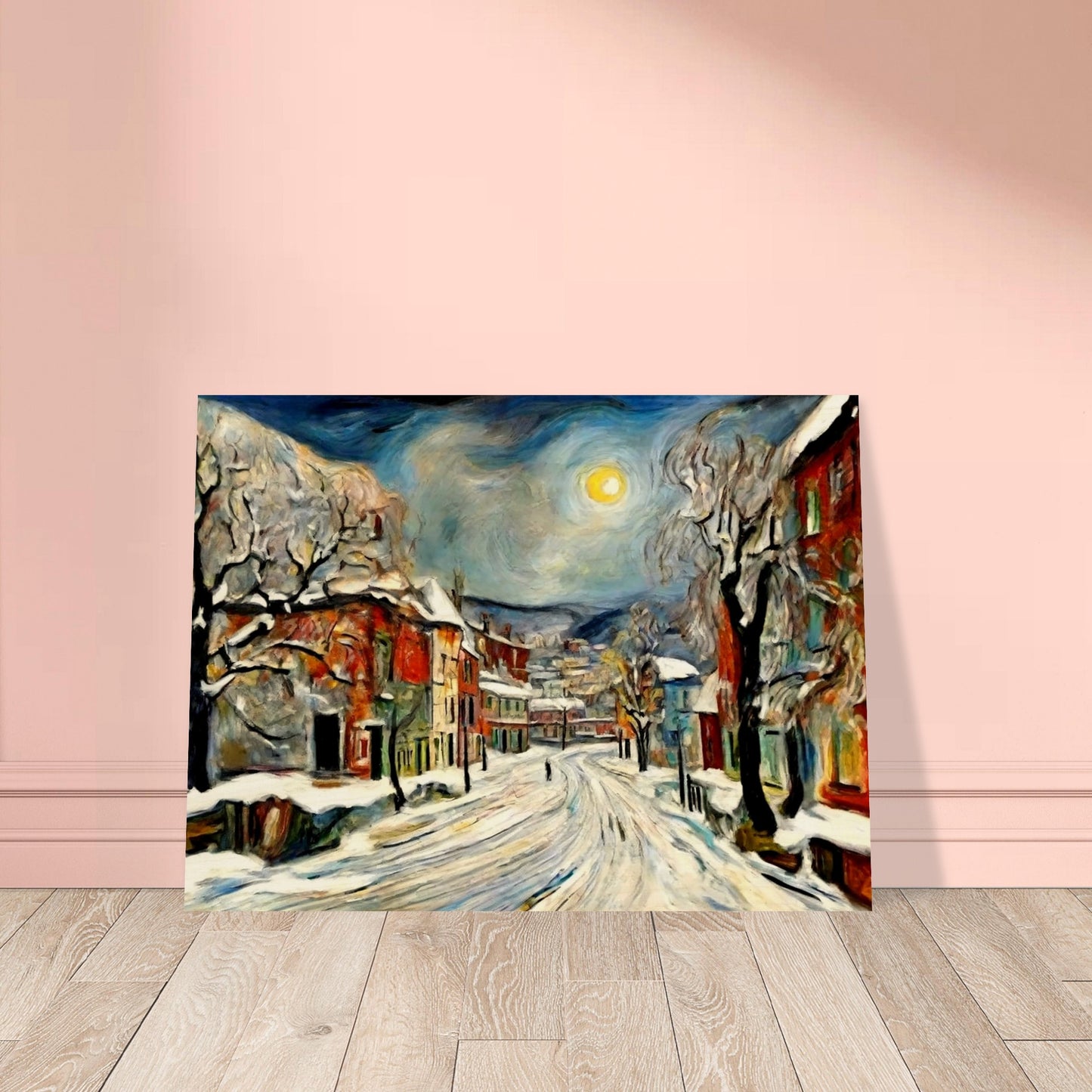 "A serene winter night scene with snow-covered streets and buildings under a glowing moon, framed by frosted trees in a quiet village."
