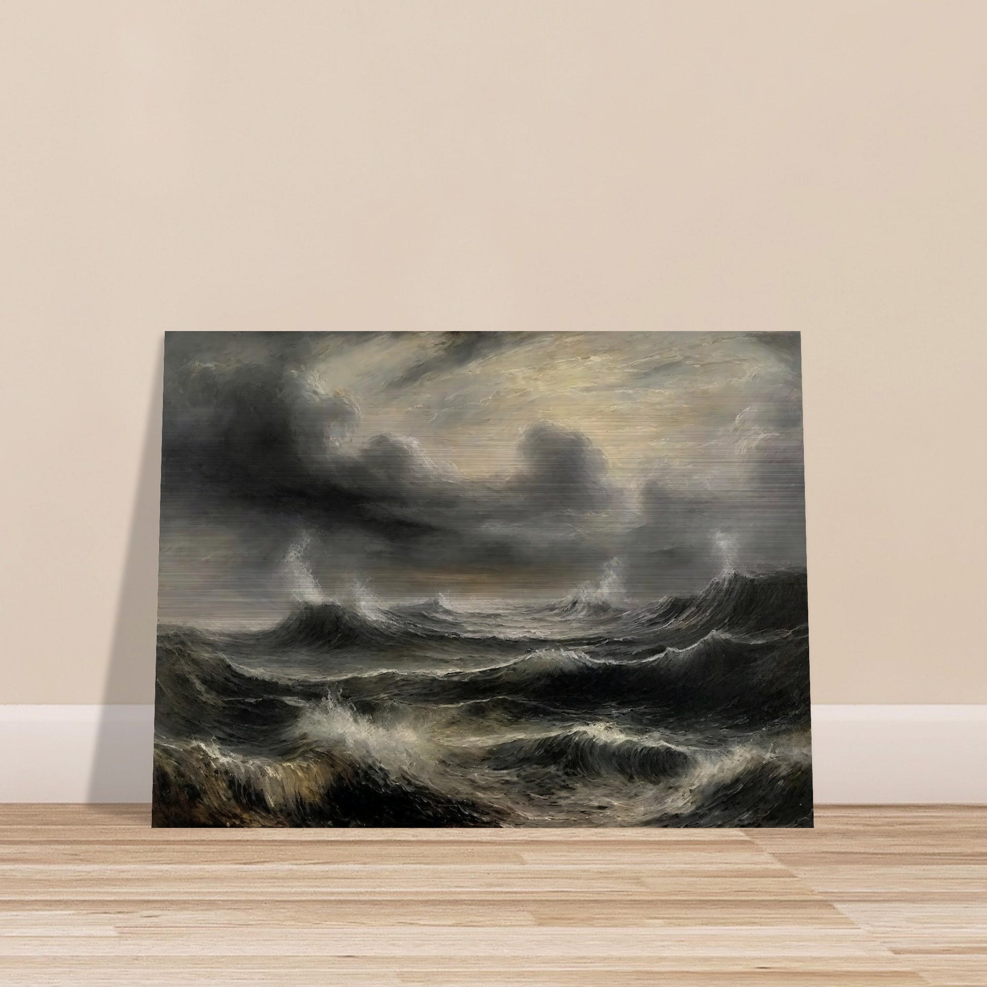 A dramatic painting of a stormy sea with dark, turbulent waves and ominous clouds. The swirling, textured brushstrokes capture the intensity and power of the ocean during a tempest.