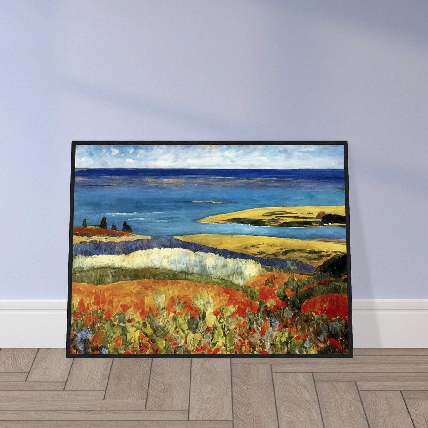 A vivid coastal landscape featuring rolling hills of red and green leading to a calm blue sea. A bright sky hovers over the serene shoreline.