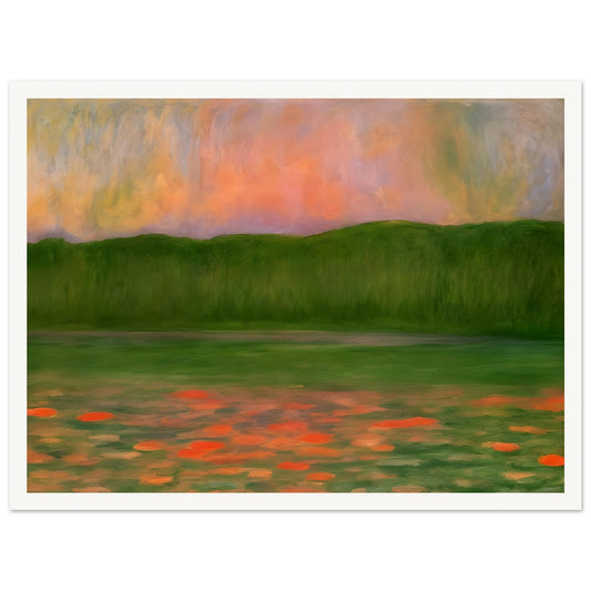 A tranquil landscape painting of a lush green meadow with delicate red flowers, set under a glowing sunset sky of soft orange and pink hues.