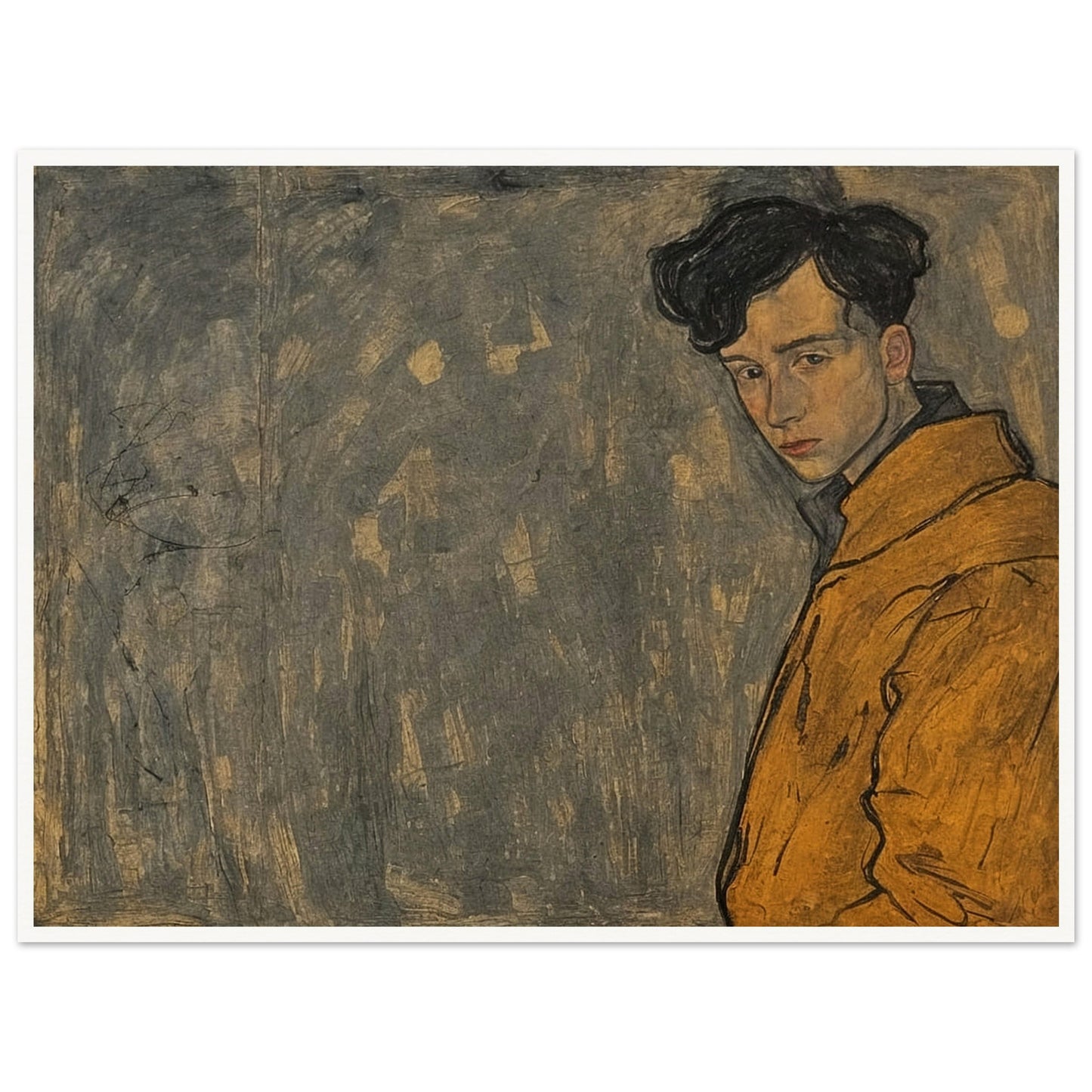 A portrait of a young man in a yellow jacket, his thoughtful expression framed against a muted, textured background.