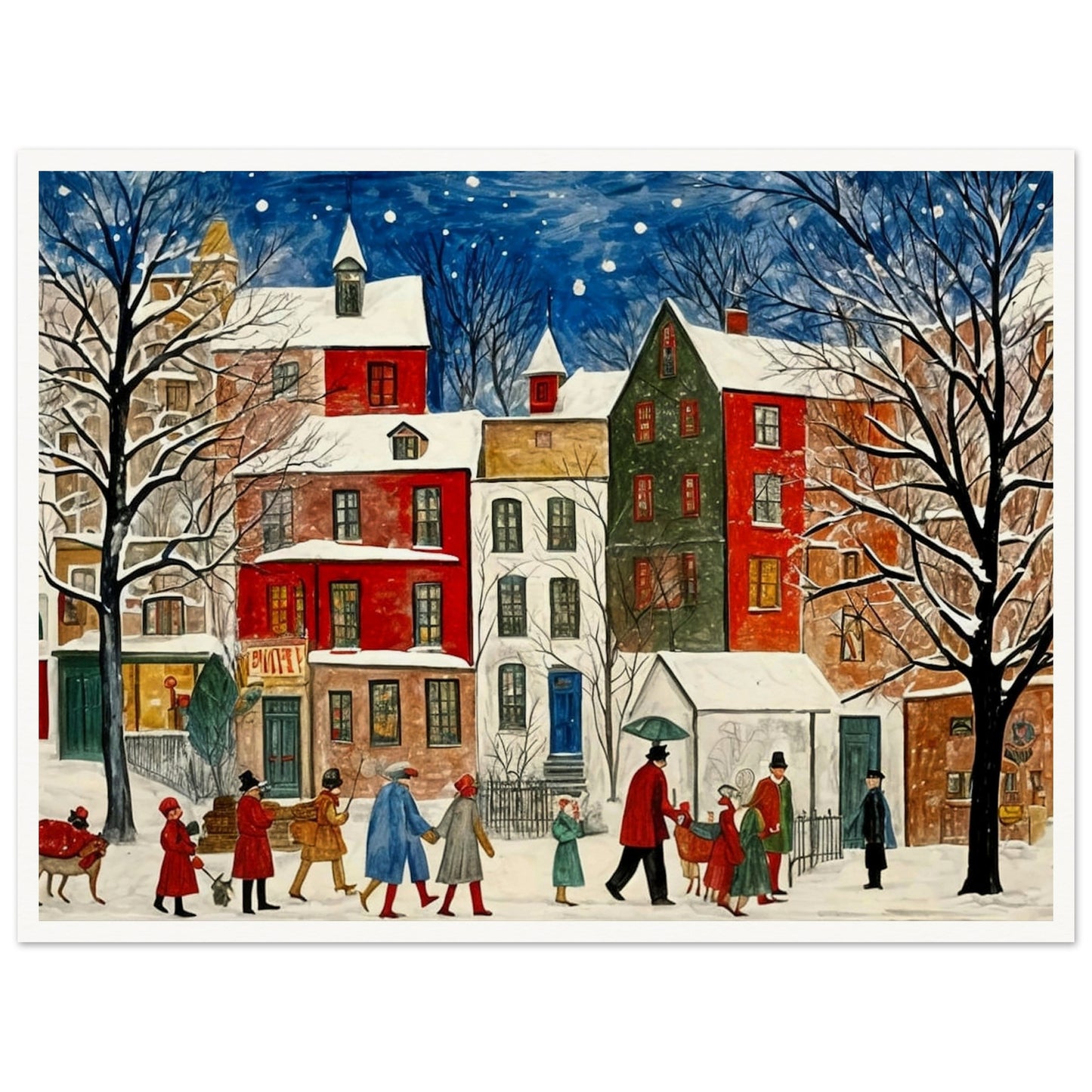 A charming cityscape with people walking down a snow-covered street, surrounded by colorful houses and trees under a starry night sky, capturing the holiday spirit.