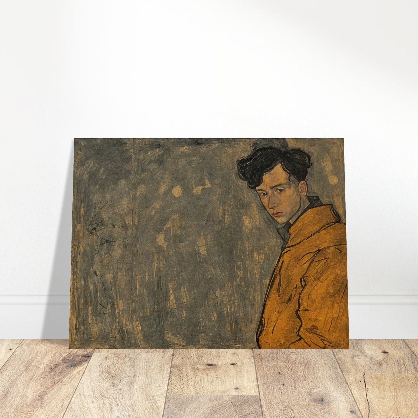 A portrait of a young man in a yellow jacket, his thoughtful expression framed against a muted, textured background.