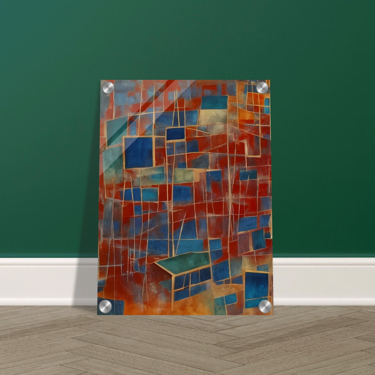 A vibrant composition featuring a network of interconnected blue and red rectangles, creating a dynamic and fragmented visual experience.