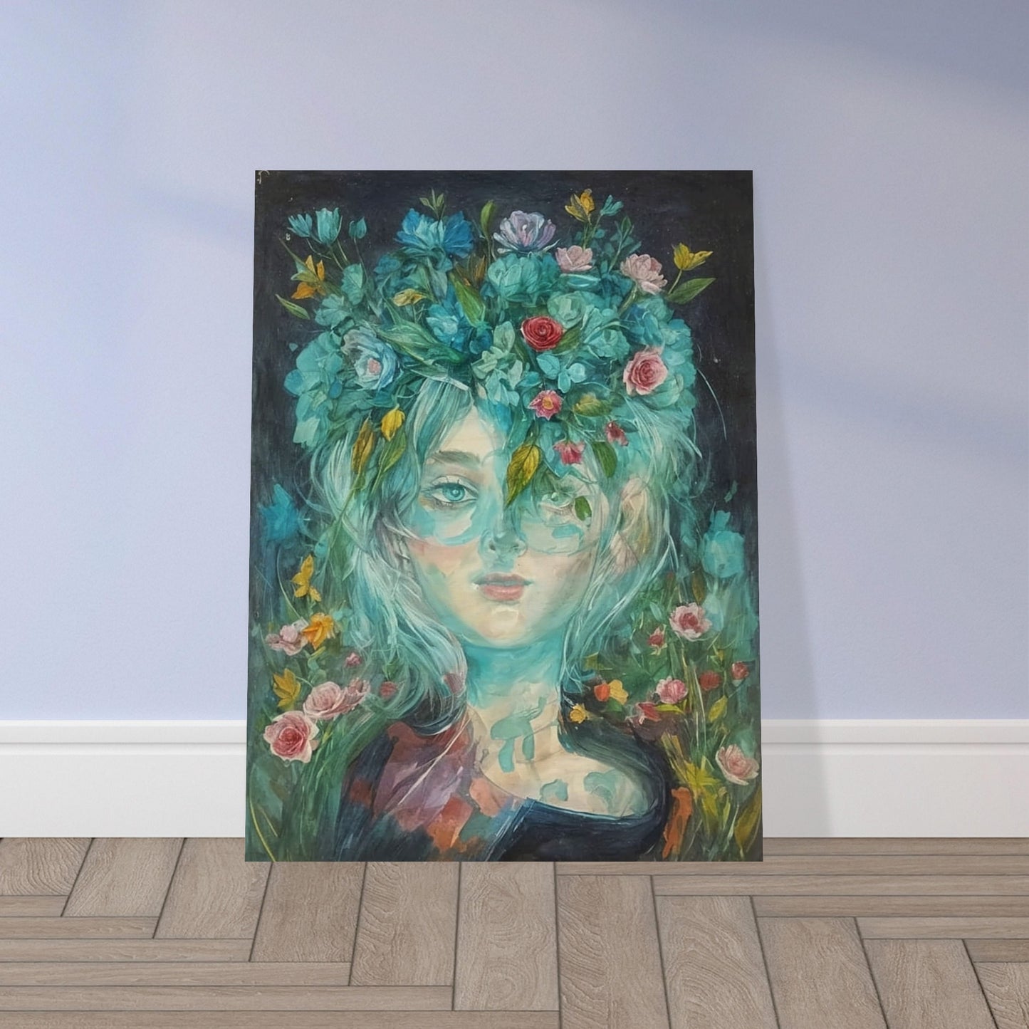 A captivating portrait of a woman with flowers in her hair, blending seamlessly into a vibrant floral background.