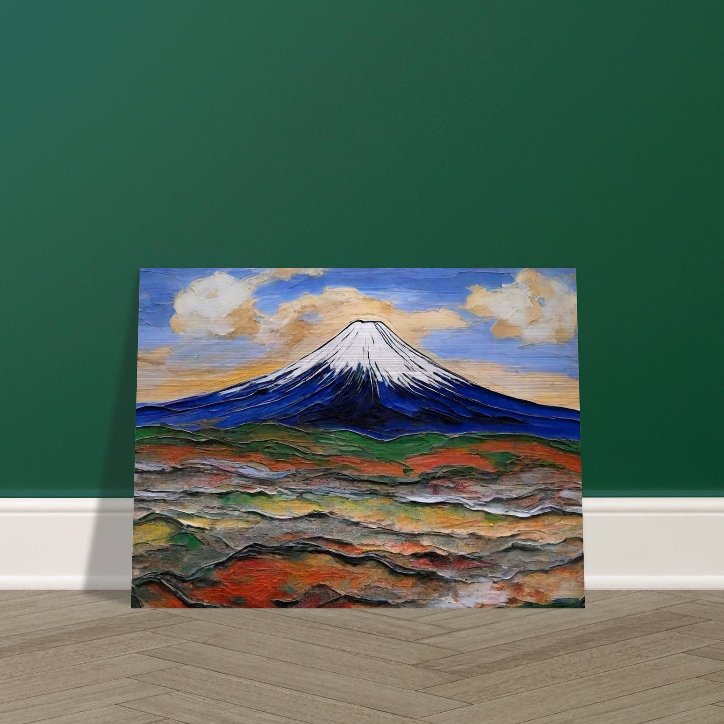 "A breathtaking view of a snow-capped mountain under a colorful sky, with rolling hills in earthy tones spreading out below."