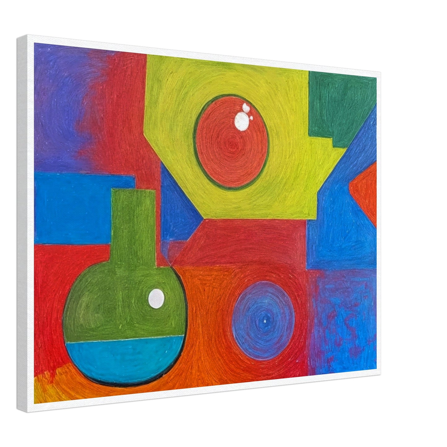 A colorful abstract composition featuring vibrant geometric shapes in bold reds, greens, blues, and yellows, creating a playful and dynamic visual arrangement.