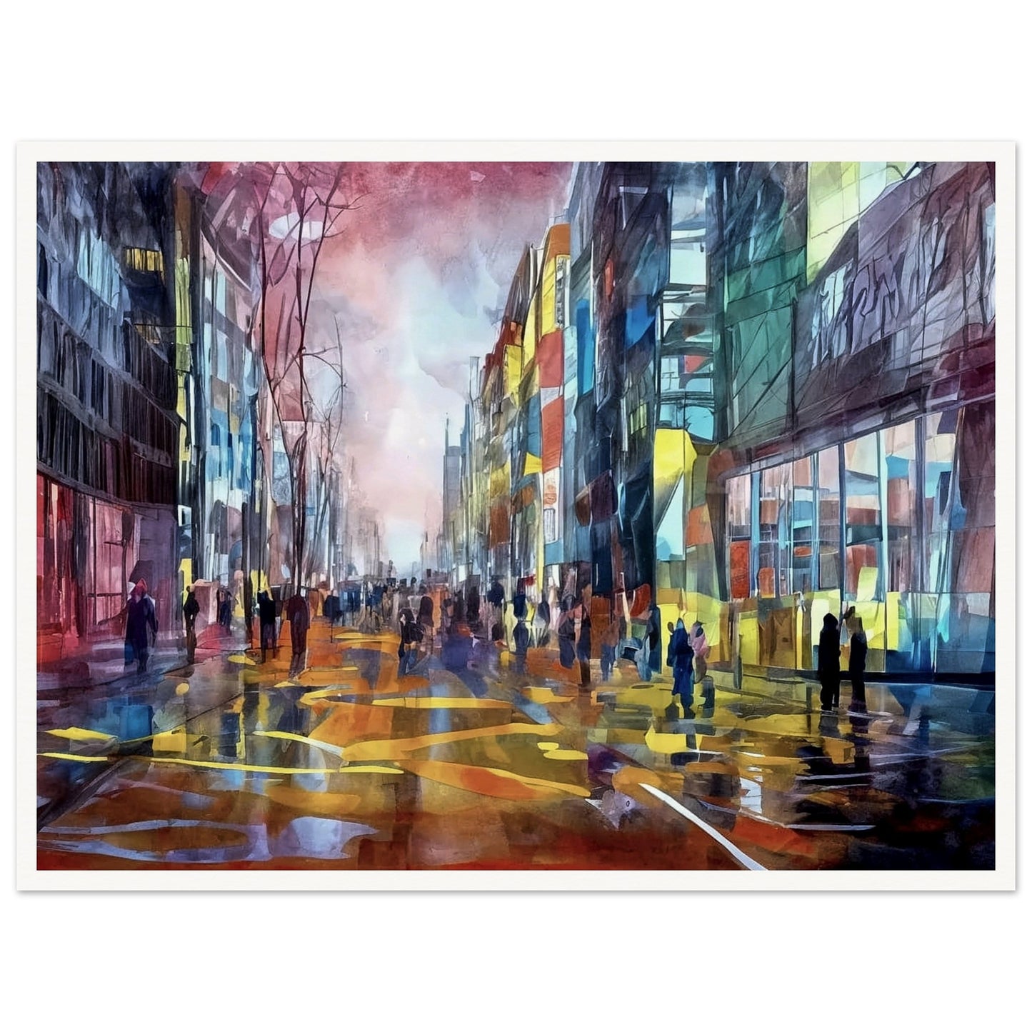 A colorful urban scene depicting people walking down a city street lined with tall buildings, illuminated by vibrant reflections of city lights and set against a dramatic sky.