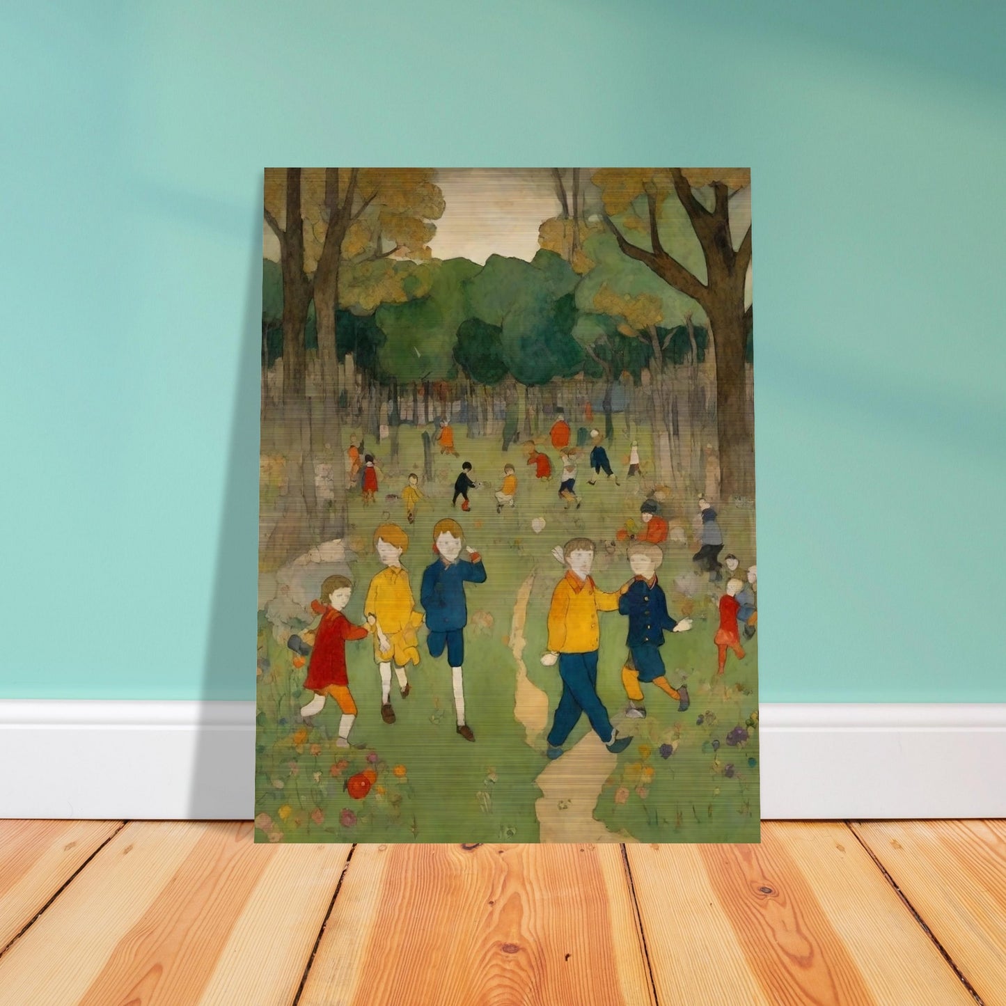 "A nostalgic painting of children playing and exploring in a bright green forest clearing, surrounded by tall trees and colorful wildflowers."