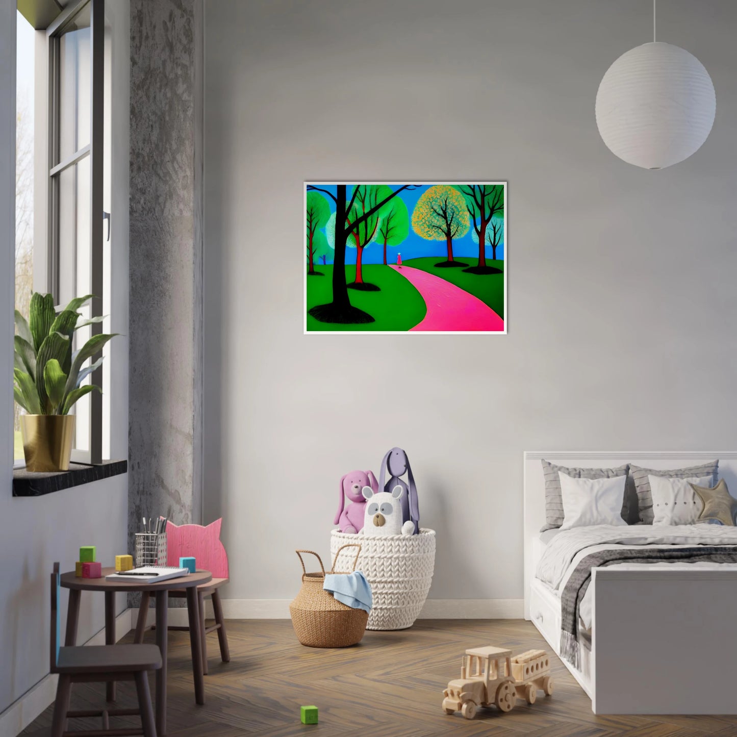 Minimalist landscape with neon green trees, blue sky, and a lone woman walking along a winding bright pink path.
