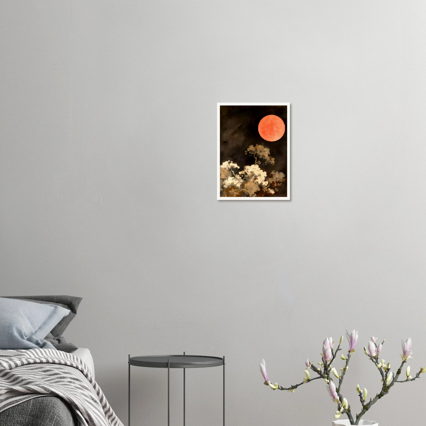 A glowing red moon floats over wispy trees in the dark, creating a dreamlike night scene with fiery contrast and quiet drama.
