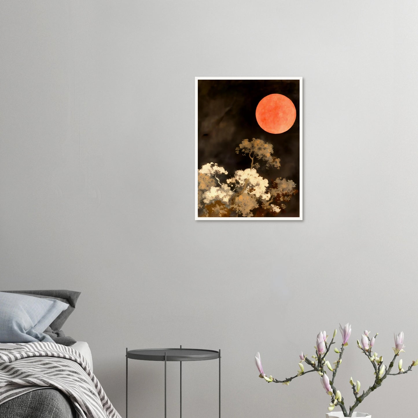 A glowing red moon floats over wispy trees in the dark, creating a dreamlike night scene with fiery contrast and quiet drama.