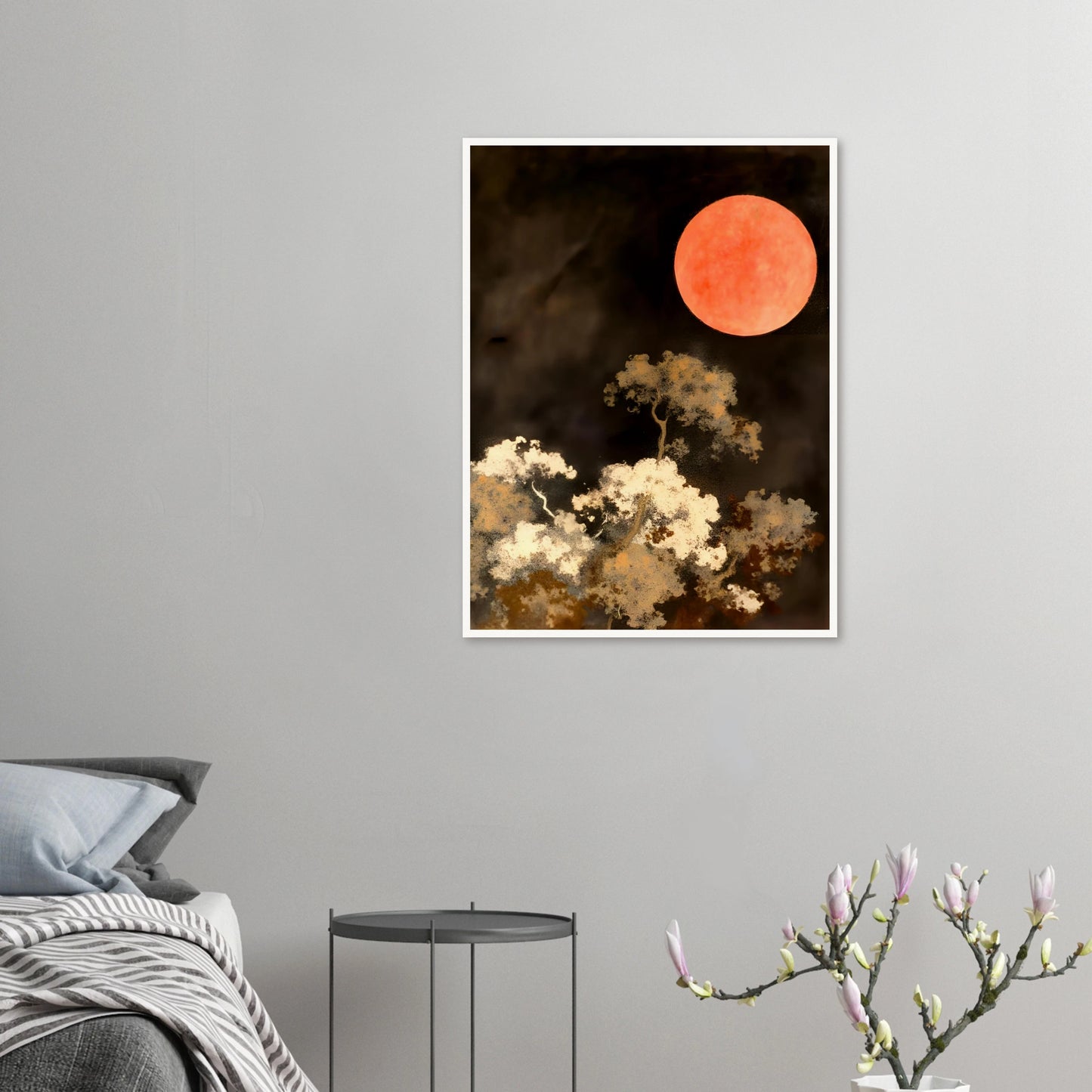 A glowing red moon floats over wispy trees in the dark, creating a dreamlike night scene with fiery contrast and quiet drama.
