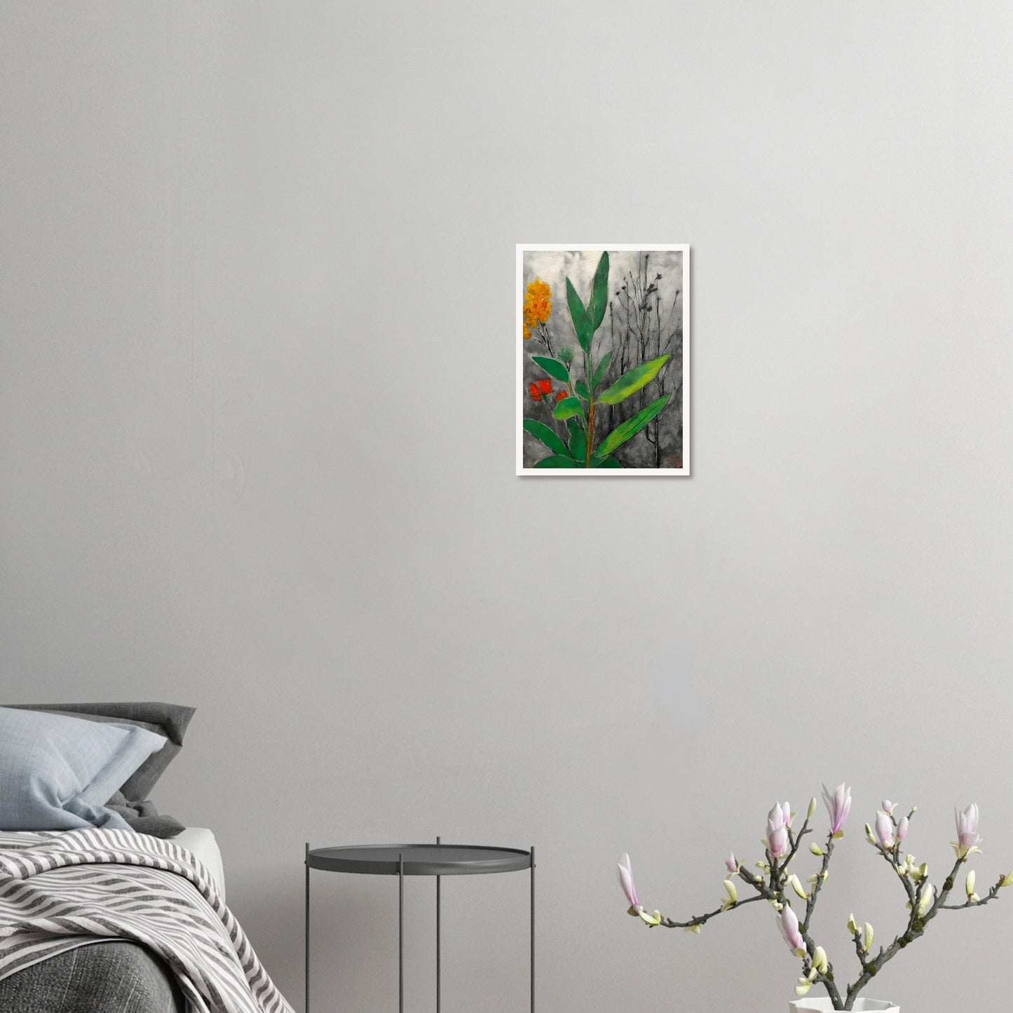 A striking contrast of lush green leaves and vibrant orange and yellow flowers against a monochrome background of withered branches.