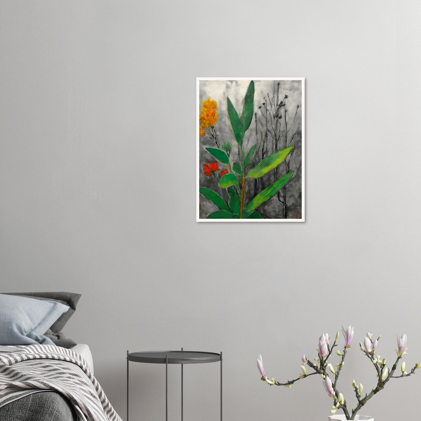A striking contrast of lush green leaves and vibrant orange and yellow flowers against a monochrome background of withered branches.