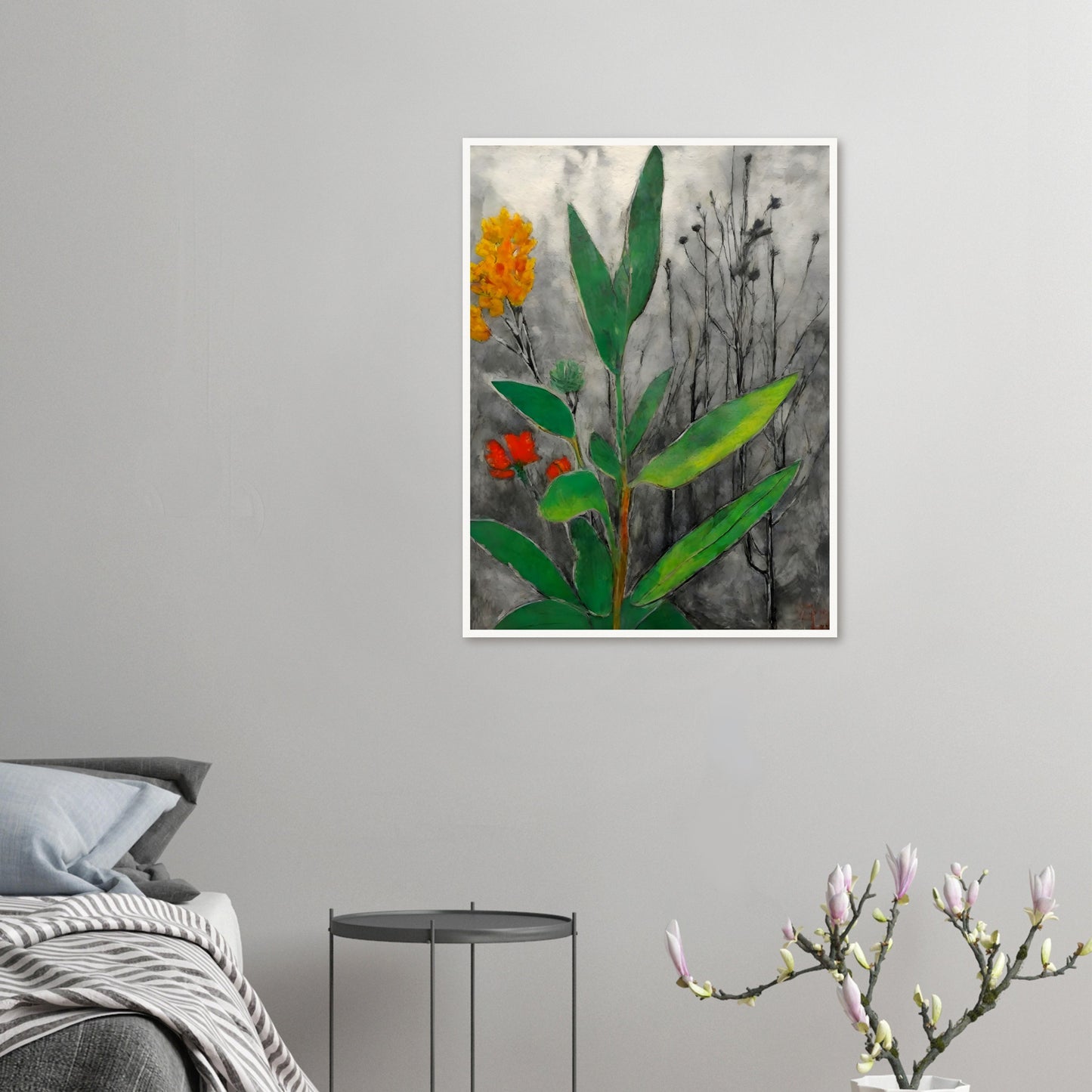 A striking contrast of lush green leaves and vibrant orange and yellow flowers against a monochrome background of withered branches.