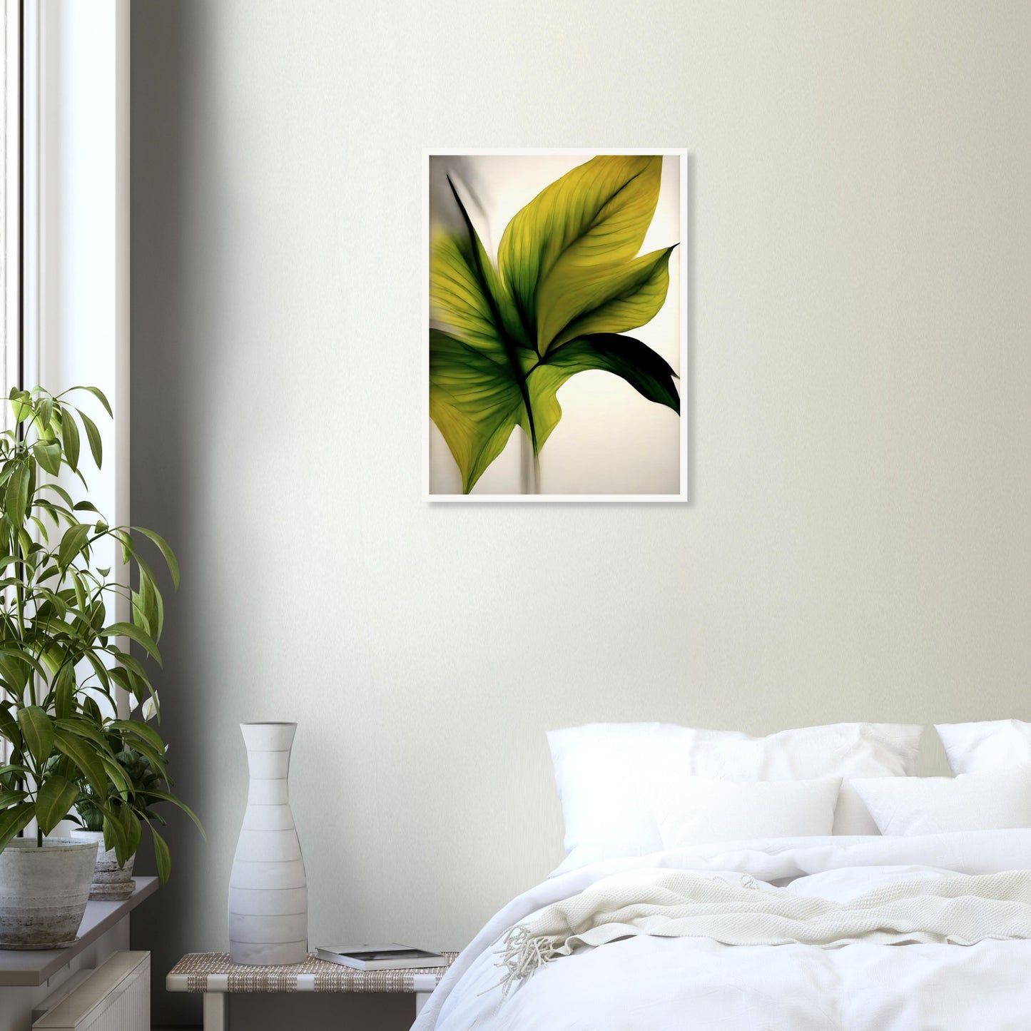 A minimalistic and elegant painting of lush green and golden leaves, highlighting delicate textures and veins against a soft, light background.