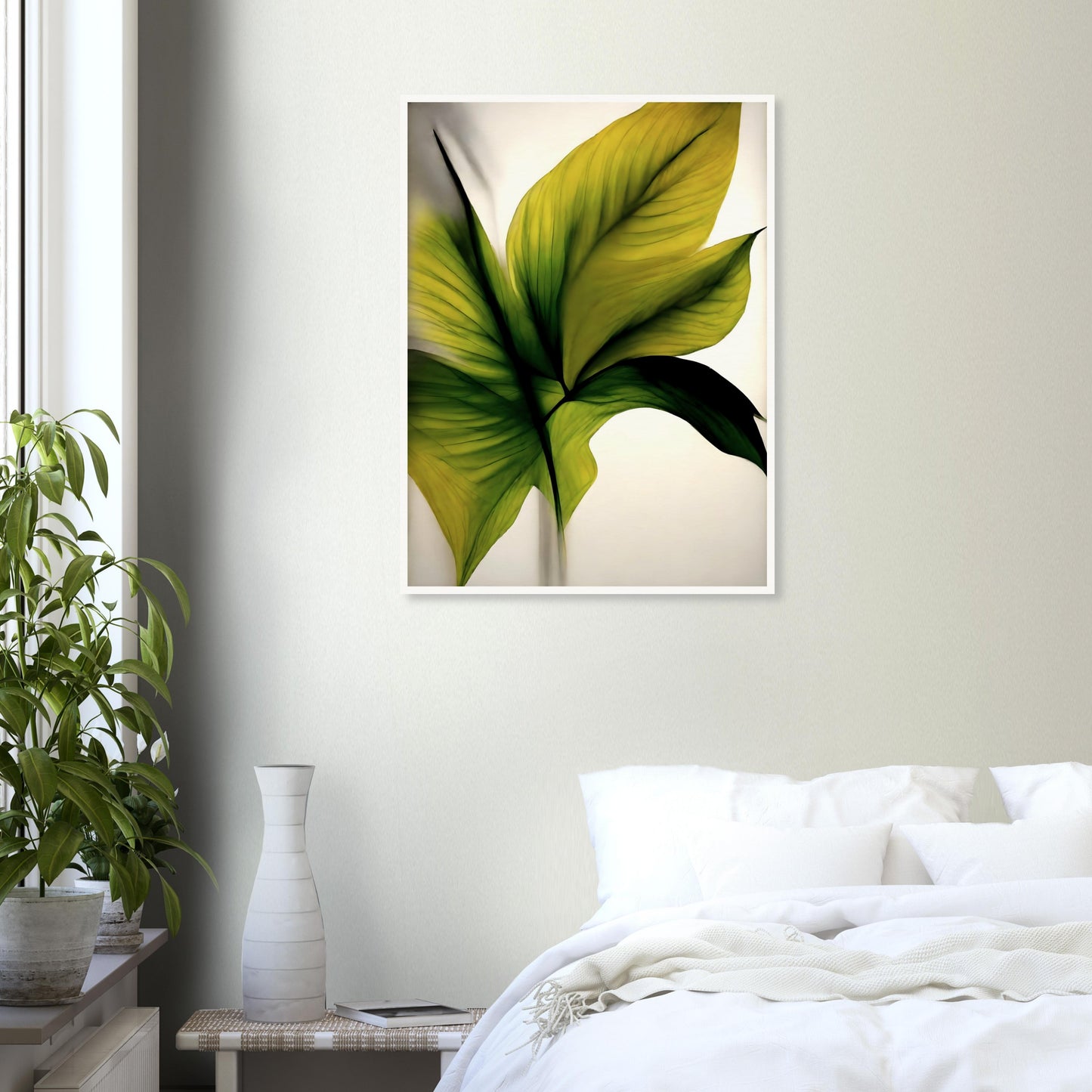 A minimalistic and elegant painting of lush green and golden leaves, highlighting delicate textures and veins against a soft, light background.