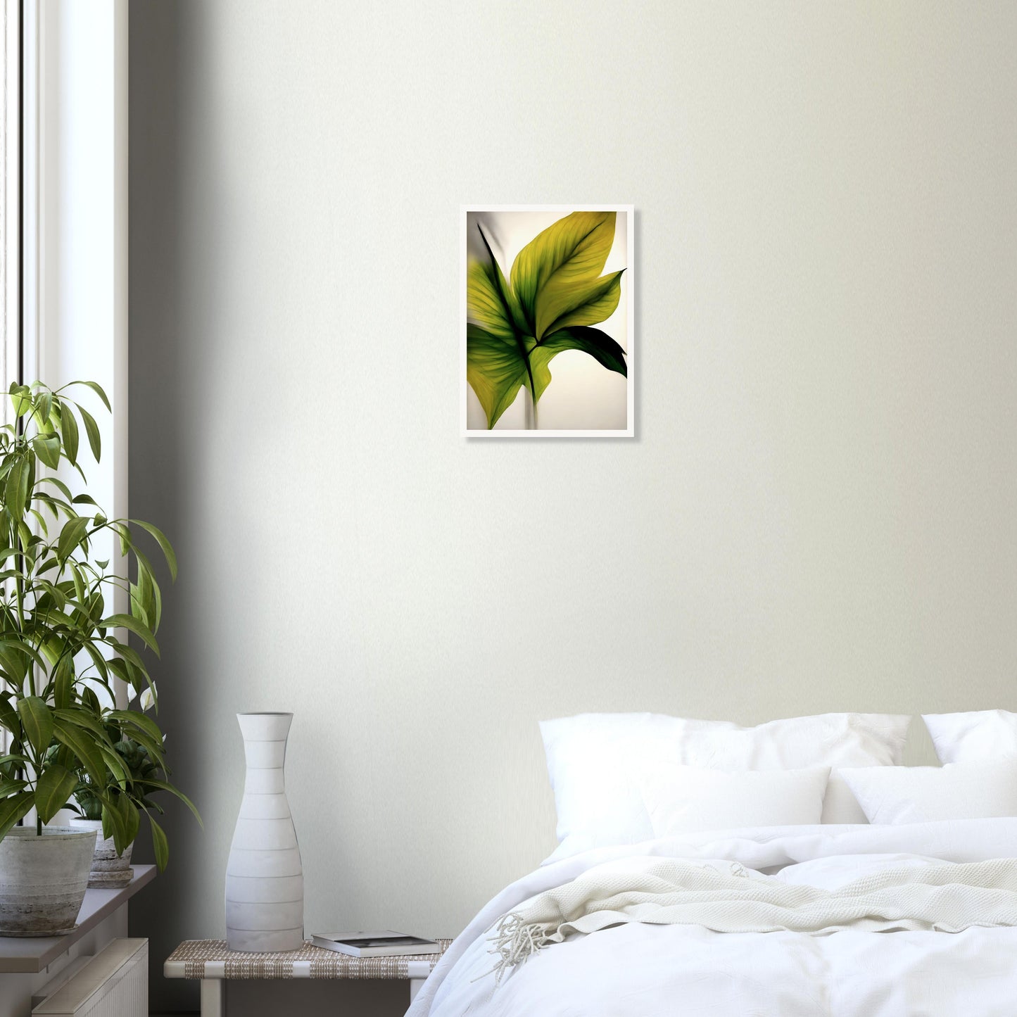 A minimalistic and elegant painting of lush green and golden leaves, highlighting delicate textures and veins against a soft, light background.